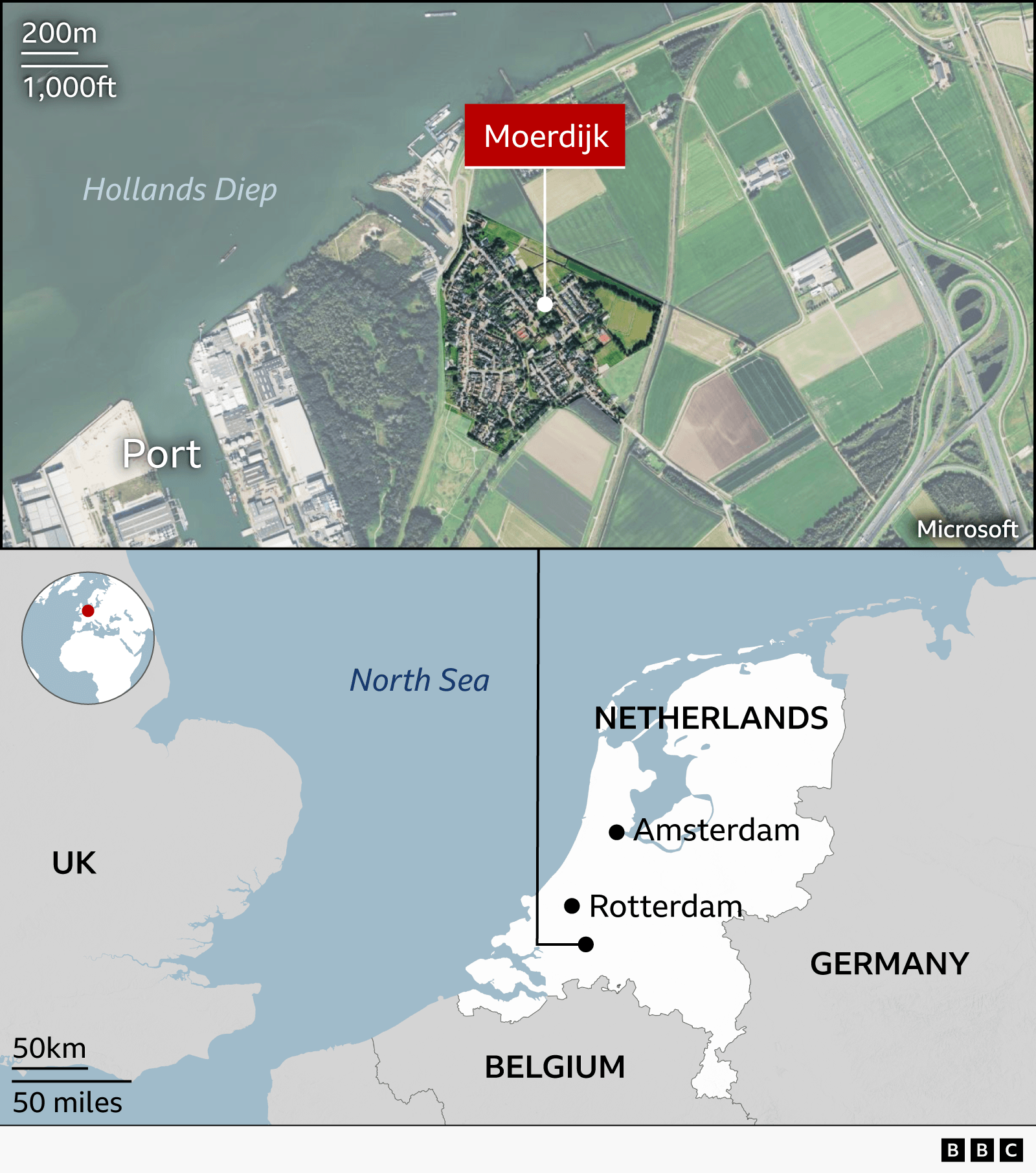 A map showing the location of the Dutch village of Moerdijk