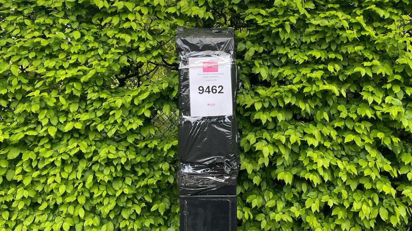 A parking payment machine covered in black plastic with a piece of paper taped to the front instructing people to pay using RingGo. There's a large bush behind it.