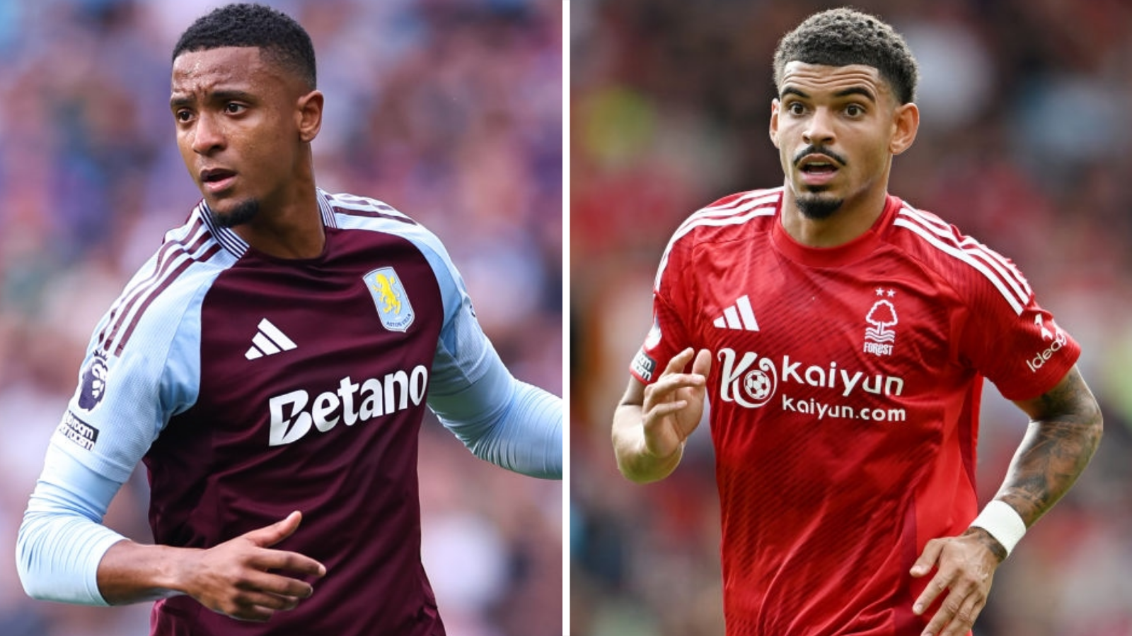 Ezri Konsa wearing an Aston Villa kit and Morgan Gibbs-White wearing a Nottingham Forest kit