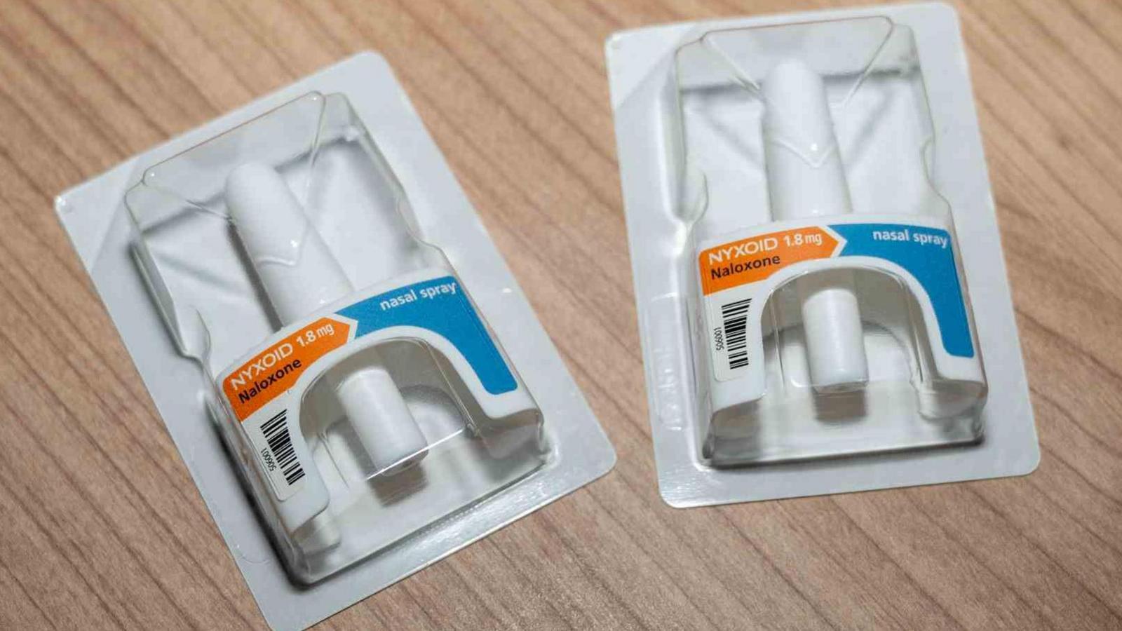 Two naloxone sprays - small white tubes in plastic packaging