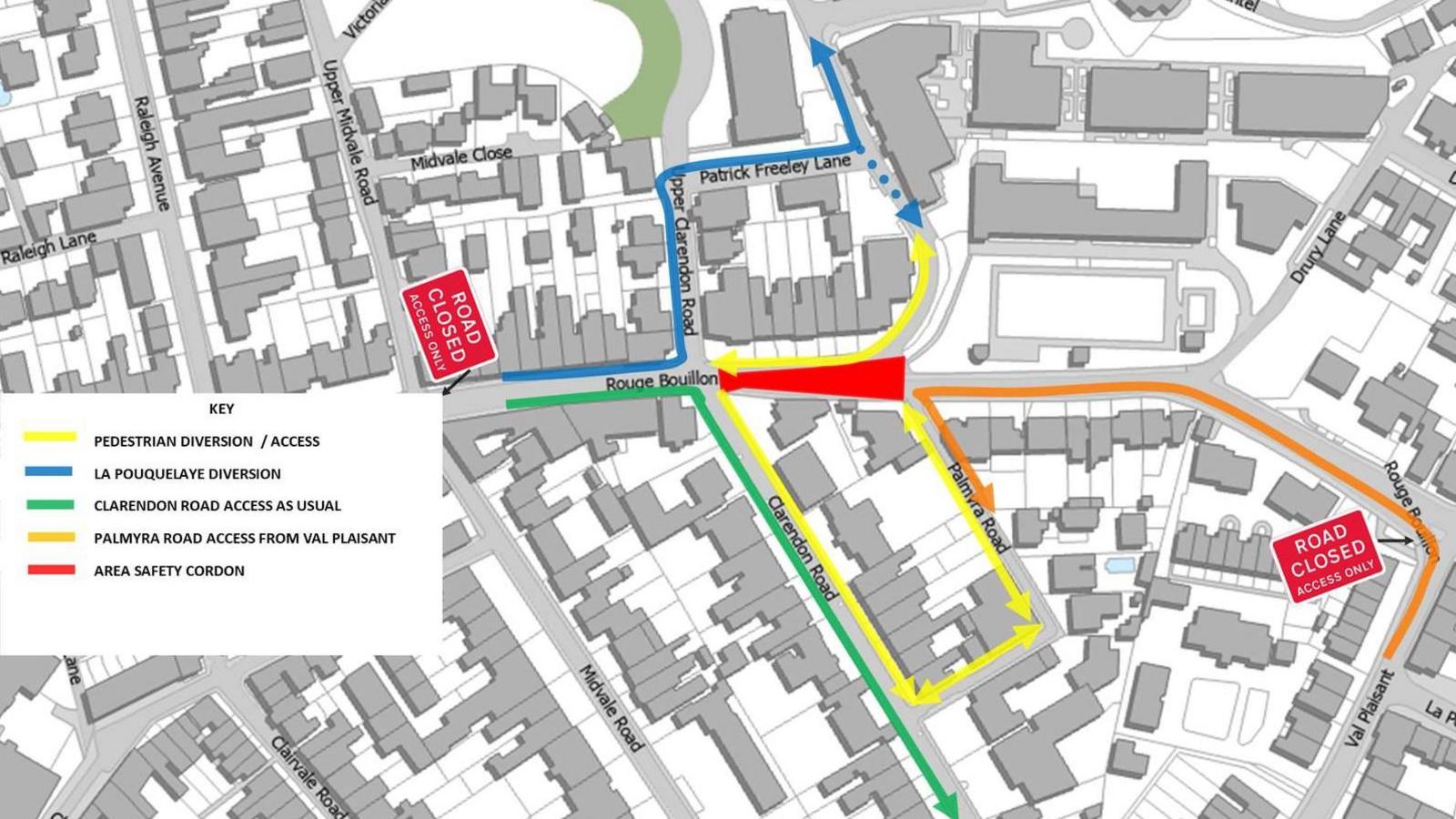 A map showing the different diversion and access routes around the sinkhole in St Helier.