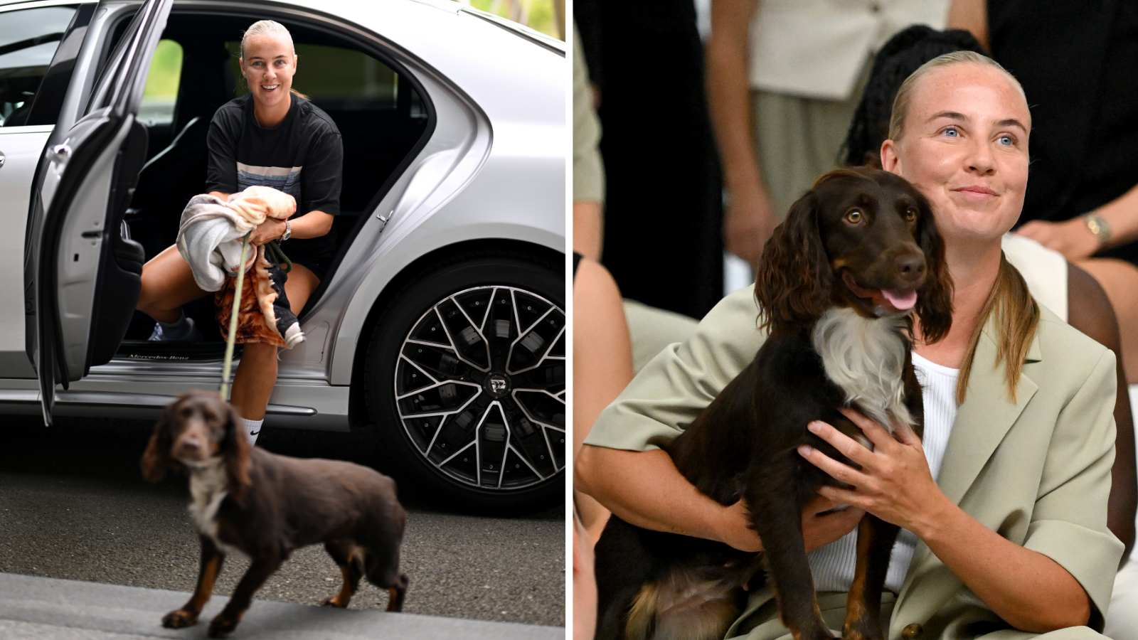 Split picture of Beth Mead arriving at St Georges Park with her dog and having her photo taken with him at a photo shoot