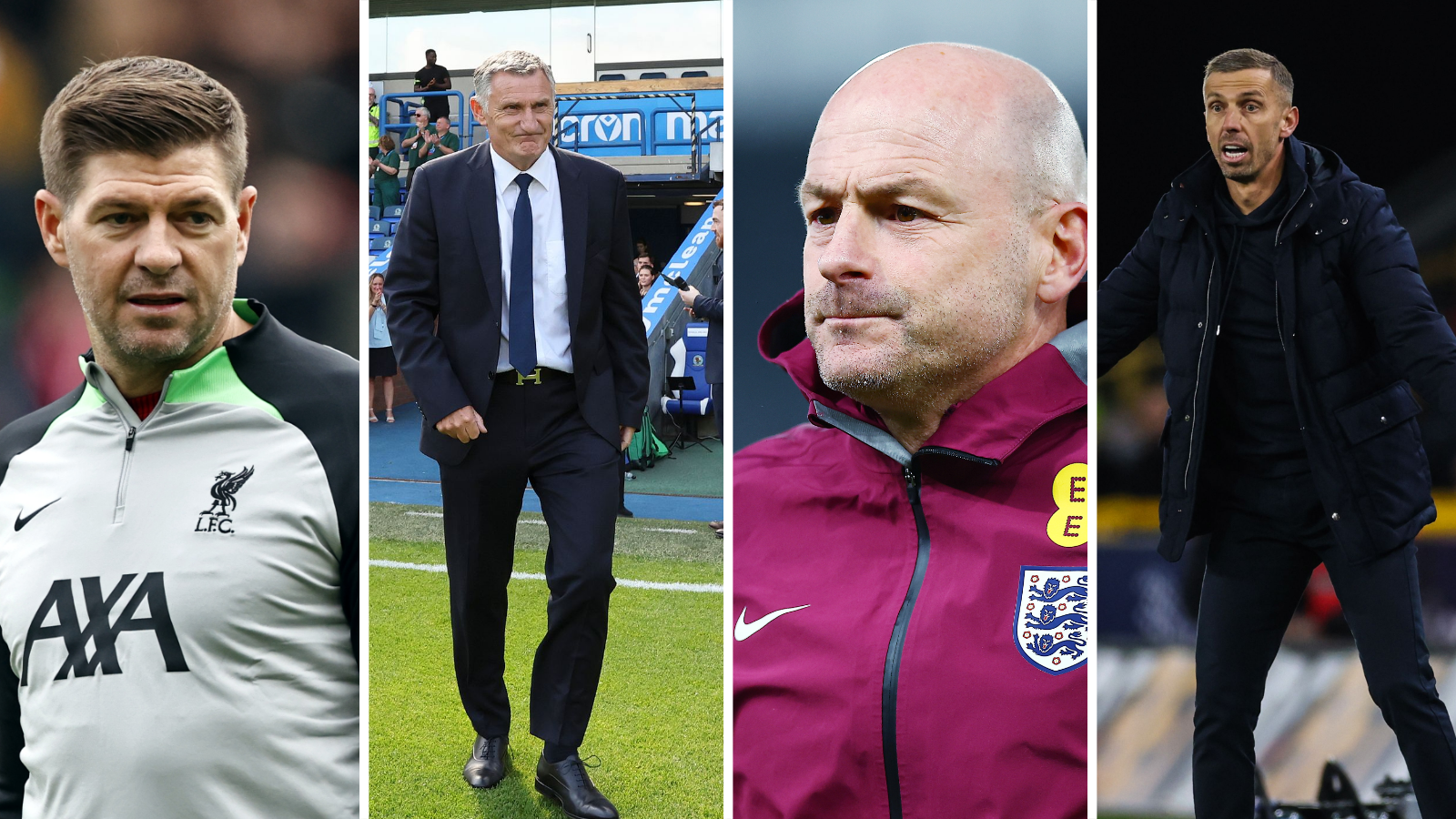 Side-by-side photos of Steven Gerrard, Tony Mowbray, Lee Carsley and Gary O'Neil
