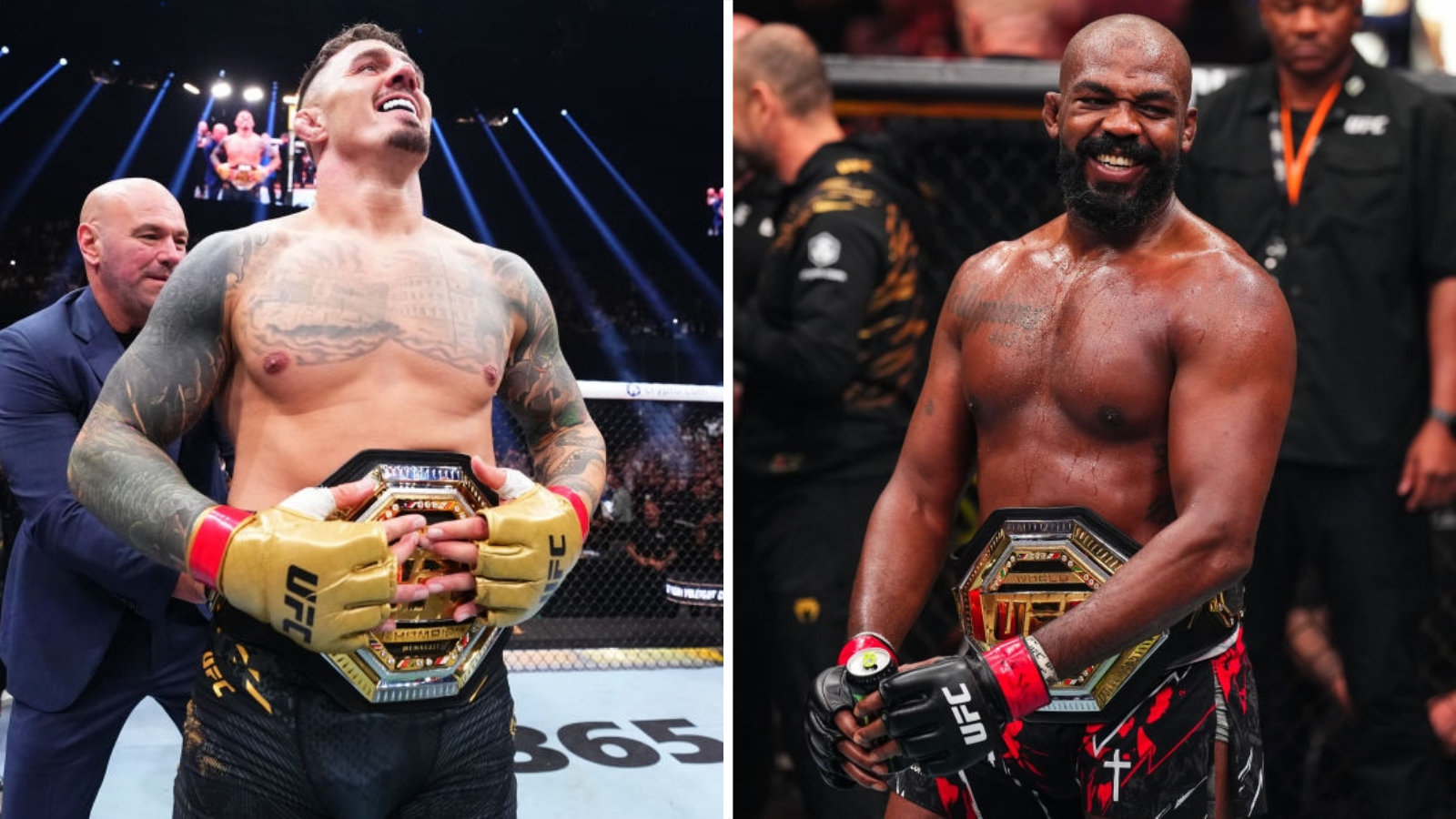 Split image of Tom Aspinall and Jon Jones with their respective UFC titles