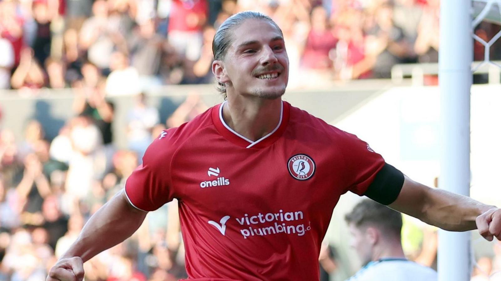 Lorent Tolaj celebrates scoring for Bristol City