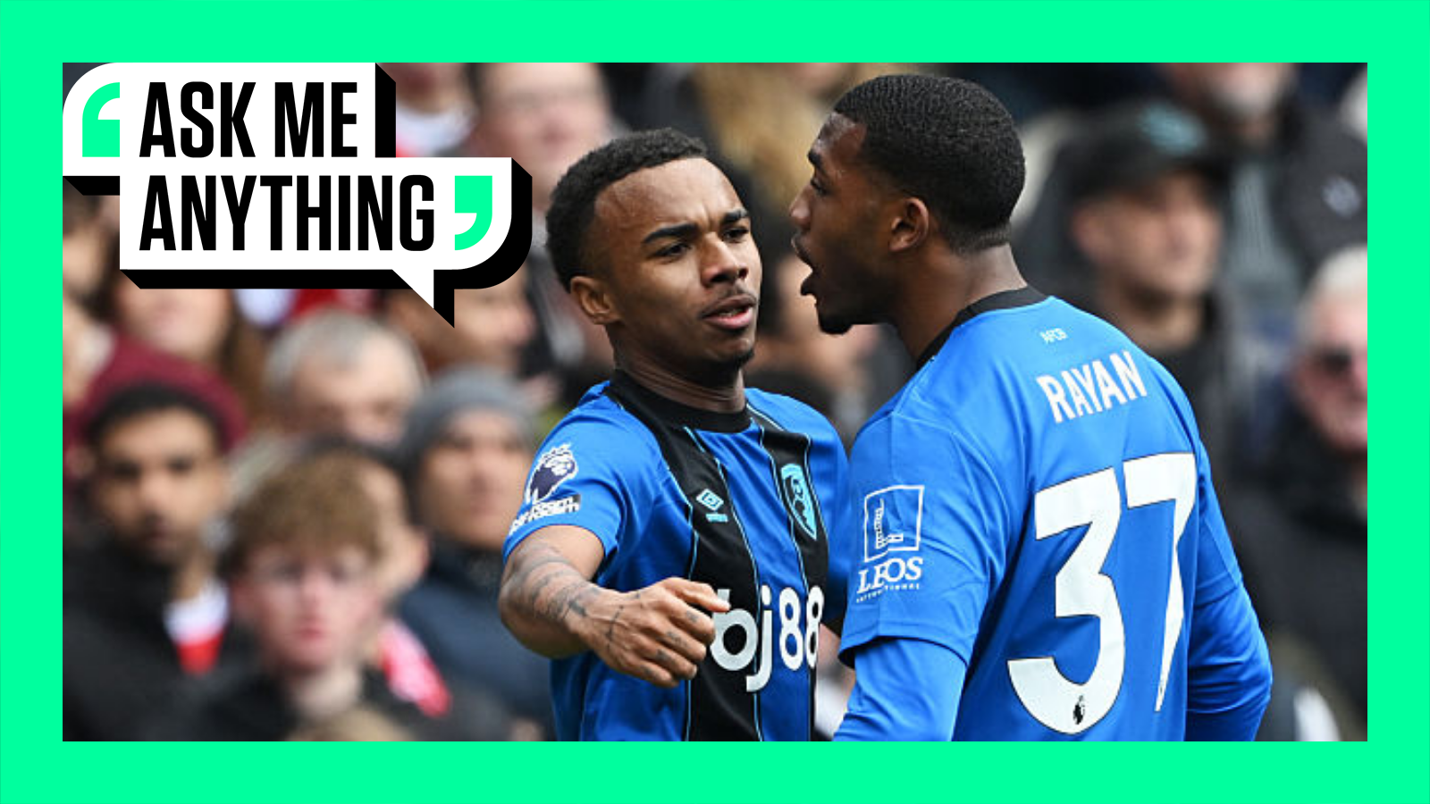 An overlay of BBC's Ask Me Anything graphic with Eli Junior Kroupi of Bournemouth celebrating with teammate Rayan underneath.