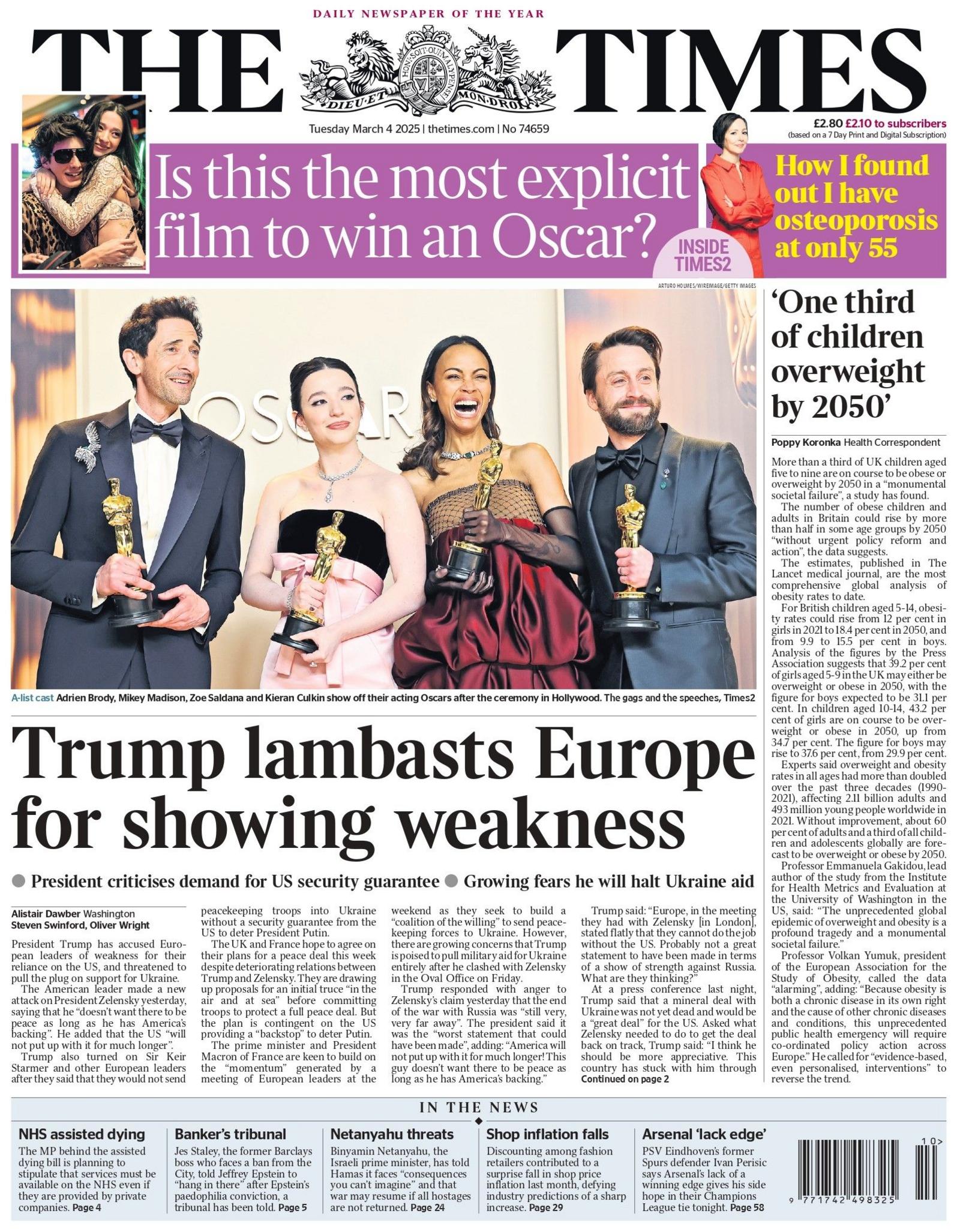 The headline on the front page of the Times reads: "Trump lambasts Europe for showing weakness."