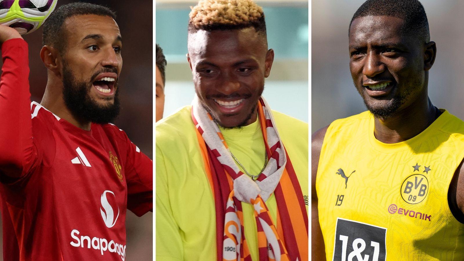 A split image of Noussair Mazraoui, Victor Osimhen and Serhou Guirassy