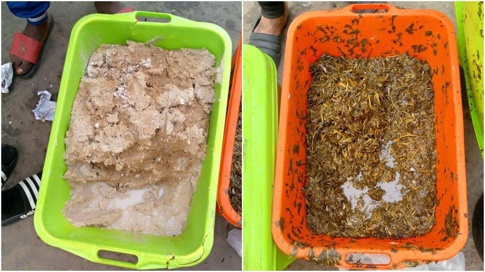 Prison food in Makala - a tub of dry, hardened maize meal turned hard and dry, accompanied by a watery brown vegetable stew