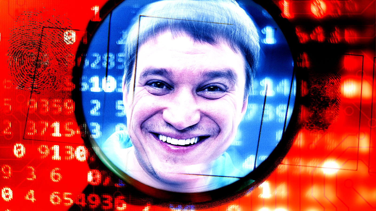 Digital numbers and a fingerprint appear on a bright orange background. In the centre, framed inside a magnifying glass, is a young smiling man with close-cropped dark hair.
