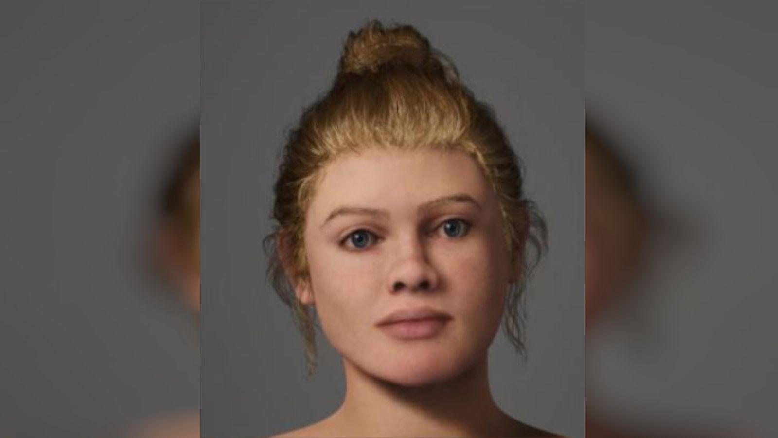 A woman with blonde hair, white skin and blue eyes. 