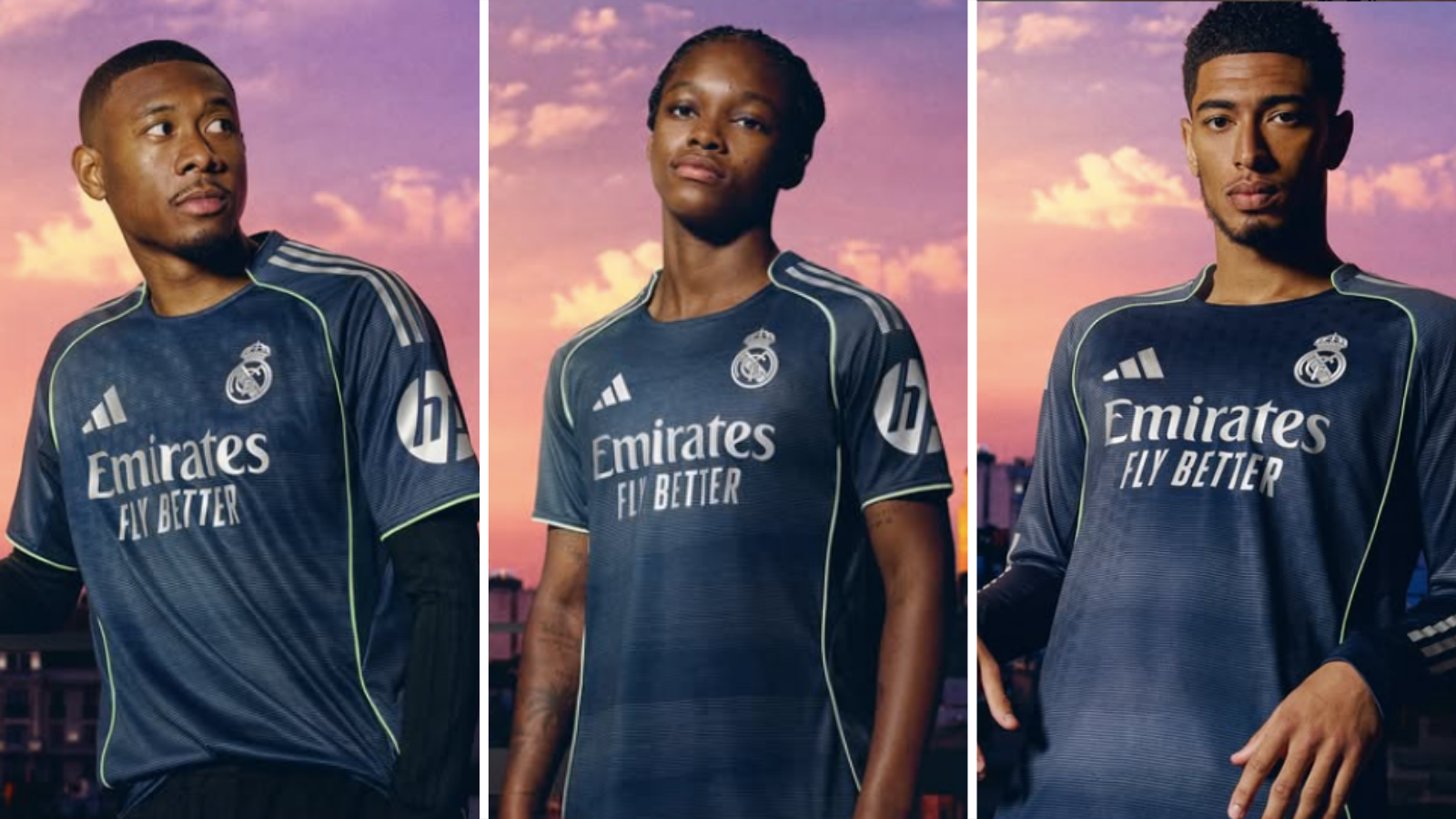 David Alaba, and Jude Bellingham and Linda Caicedo wear new Real Madrid away shirt.