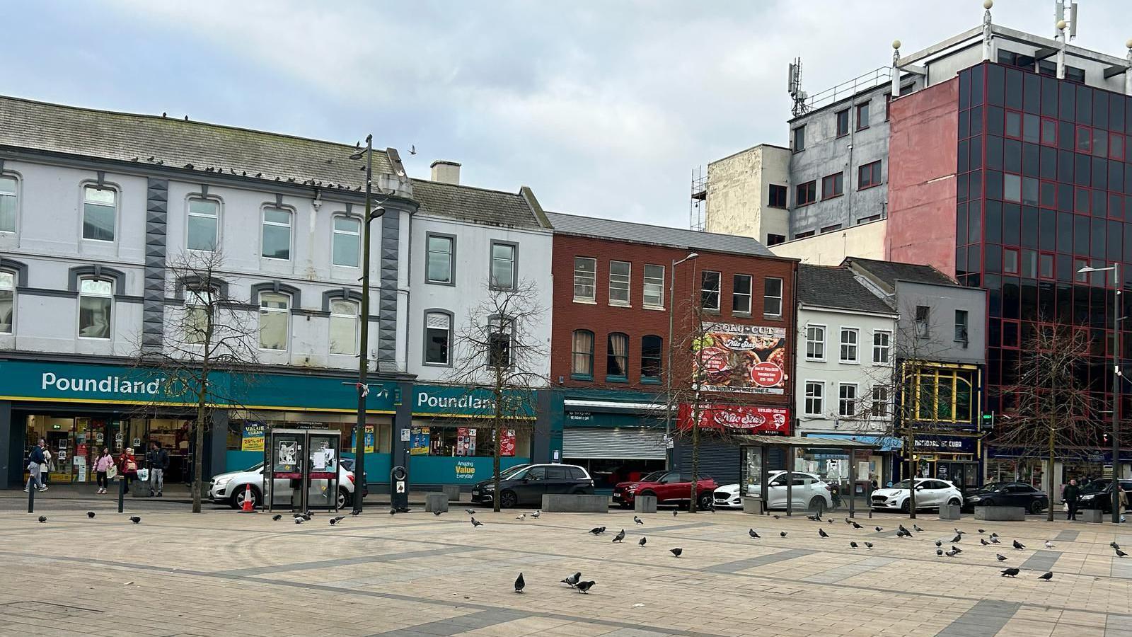 A still image of Waterloo Place in Derry. It shows a large square with a row of terrace buildings in the distance. There is a Poundland and a number of shops with their shutters down. There are birds on the ground.