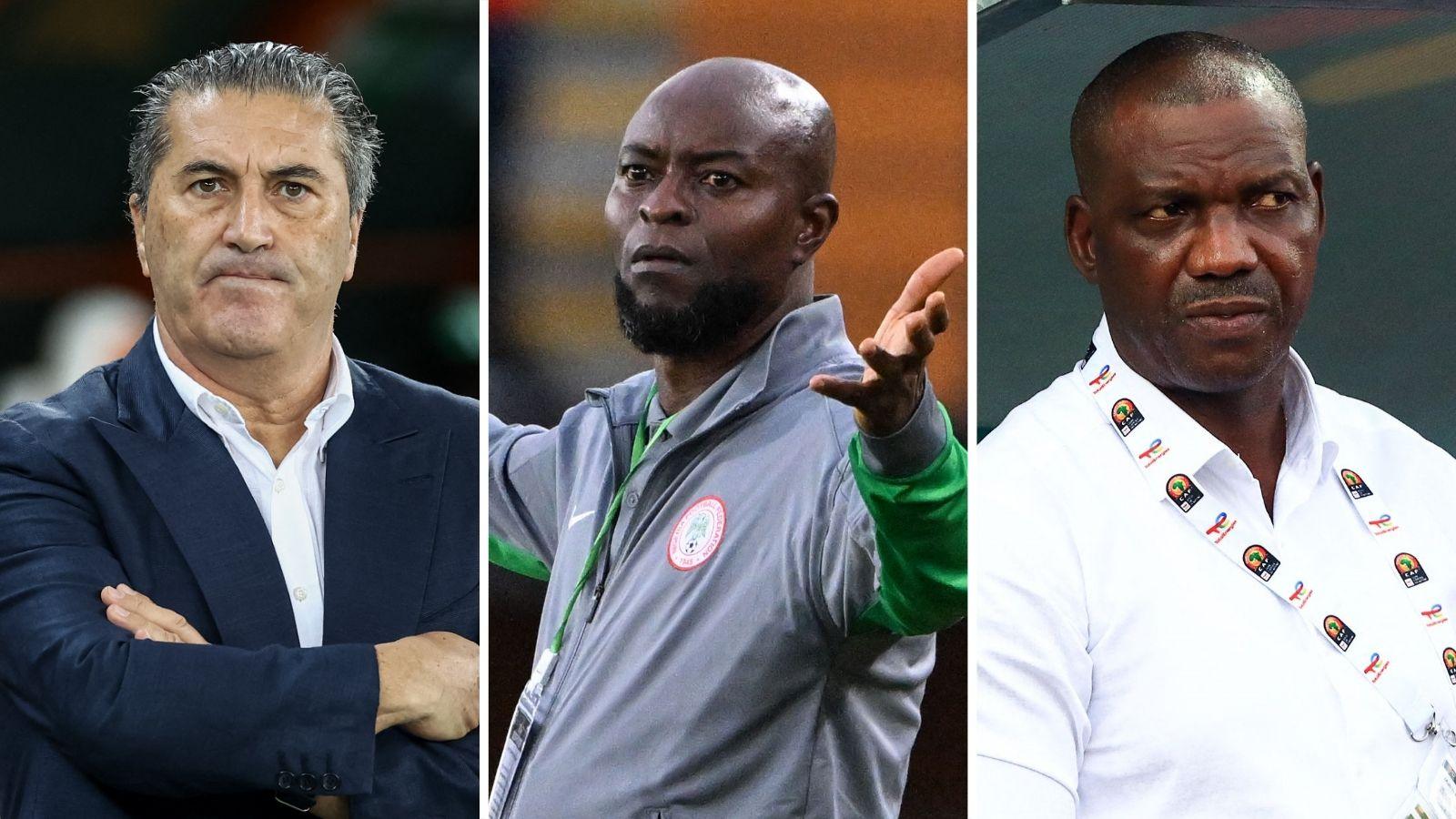 A split image shows Jose Peseiro, Finidi George and Augustine Eguavoen on the touchline during their spells in charge of Nigeria