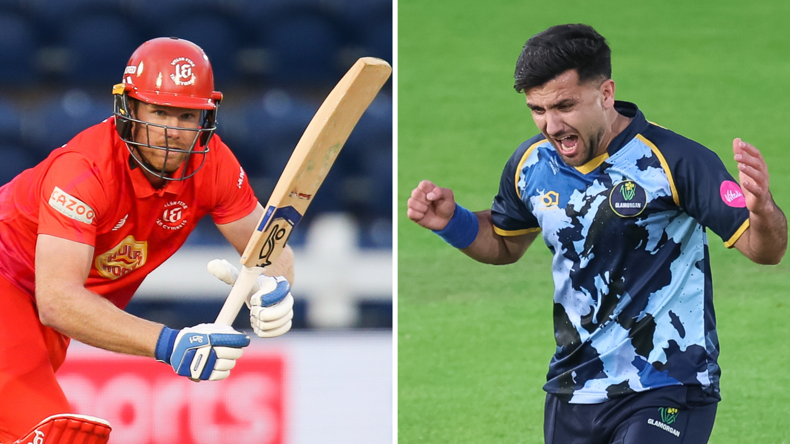 Jimmy Neesham (L) batting and Fazalhaq Farooqi celebrating