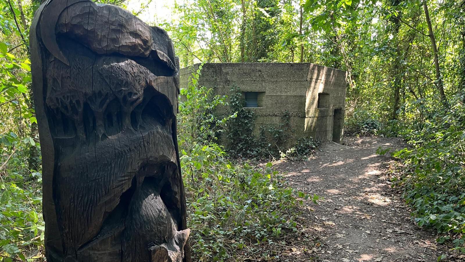 A World War Two concrete pillbox in the middle of some woods. The concrete hexagonal structure has small blocked-up windows and a low door. In the foreground is a carved tree stump sculpture depicting trees and woodland sculptures.