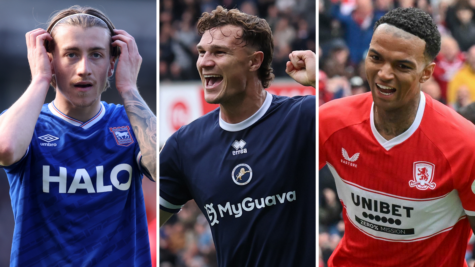 Jack Clarke, left, wearing the blue Ipswich home shirt has his hands on the side of his head to sweep back his hair during a game. Jake Cooper, centre, wearing the navy blue Millwall home shirt is smiling and punching the air with his left hand while celebrating a goal. Morgan Whittaker, wearing the red Middlesbrough home shirt, has his mouth open and looks happy as he celebrates a goal.