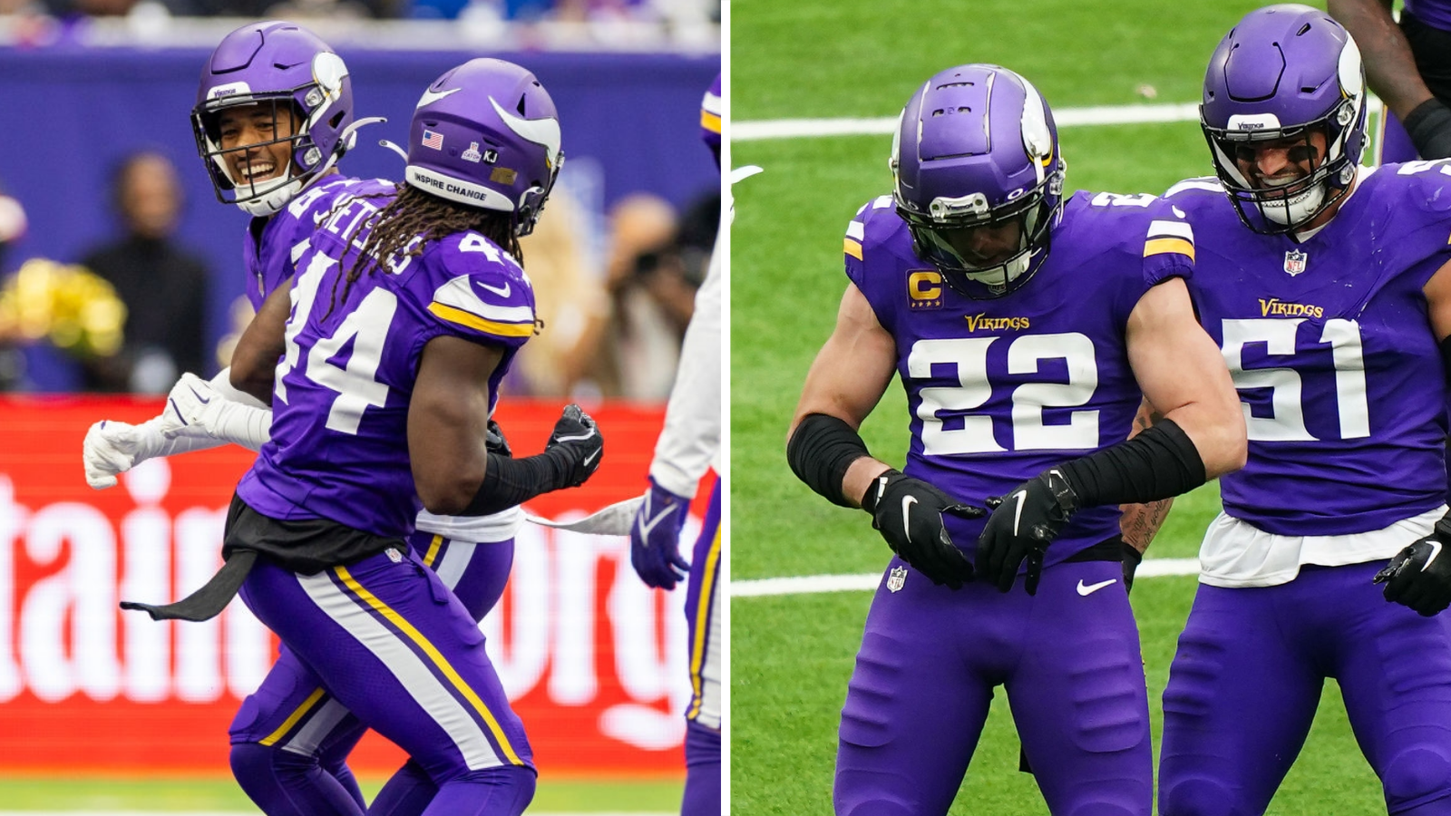 Camryn Bynum and Harrison Smith celebrate for the Minnesota Vikings