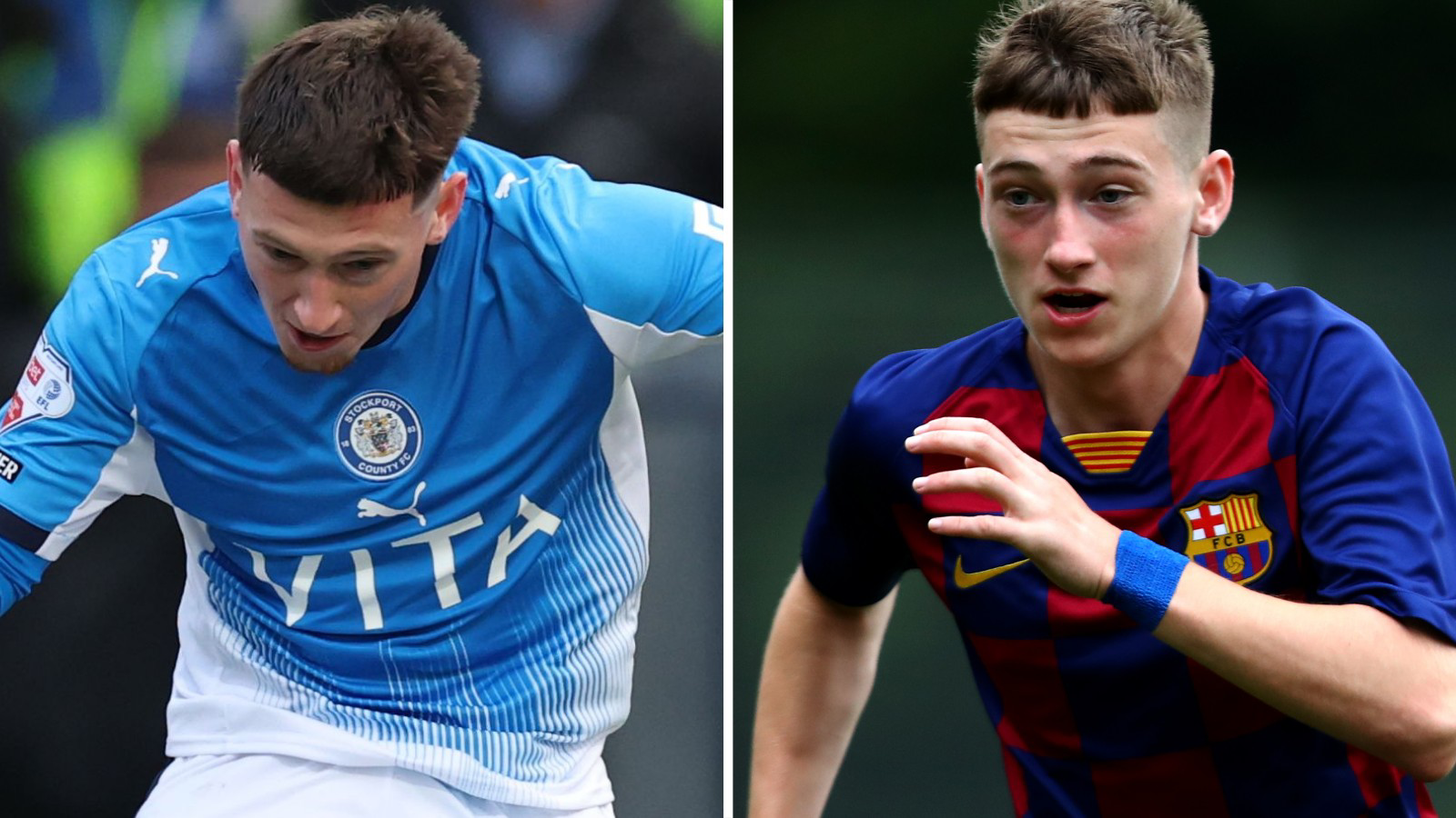 Split picture of Louie Barry playing for Stockport County and Barcelona 