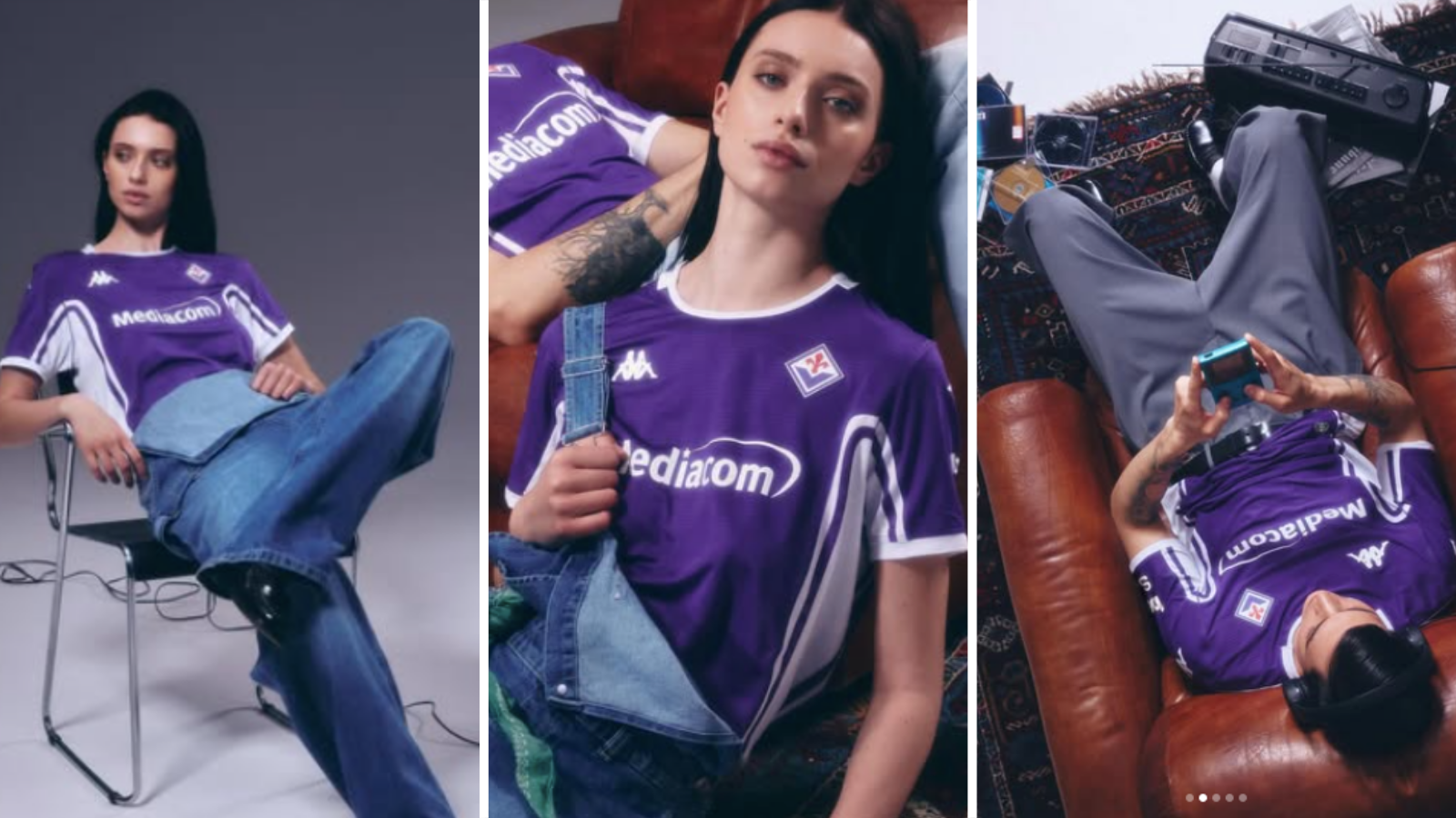 Models wear new Fiorentina home kit.