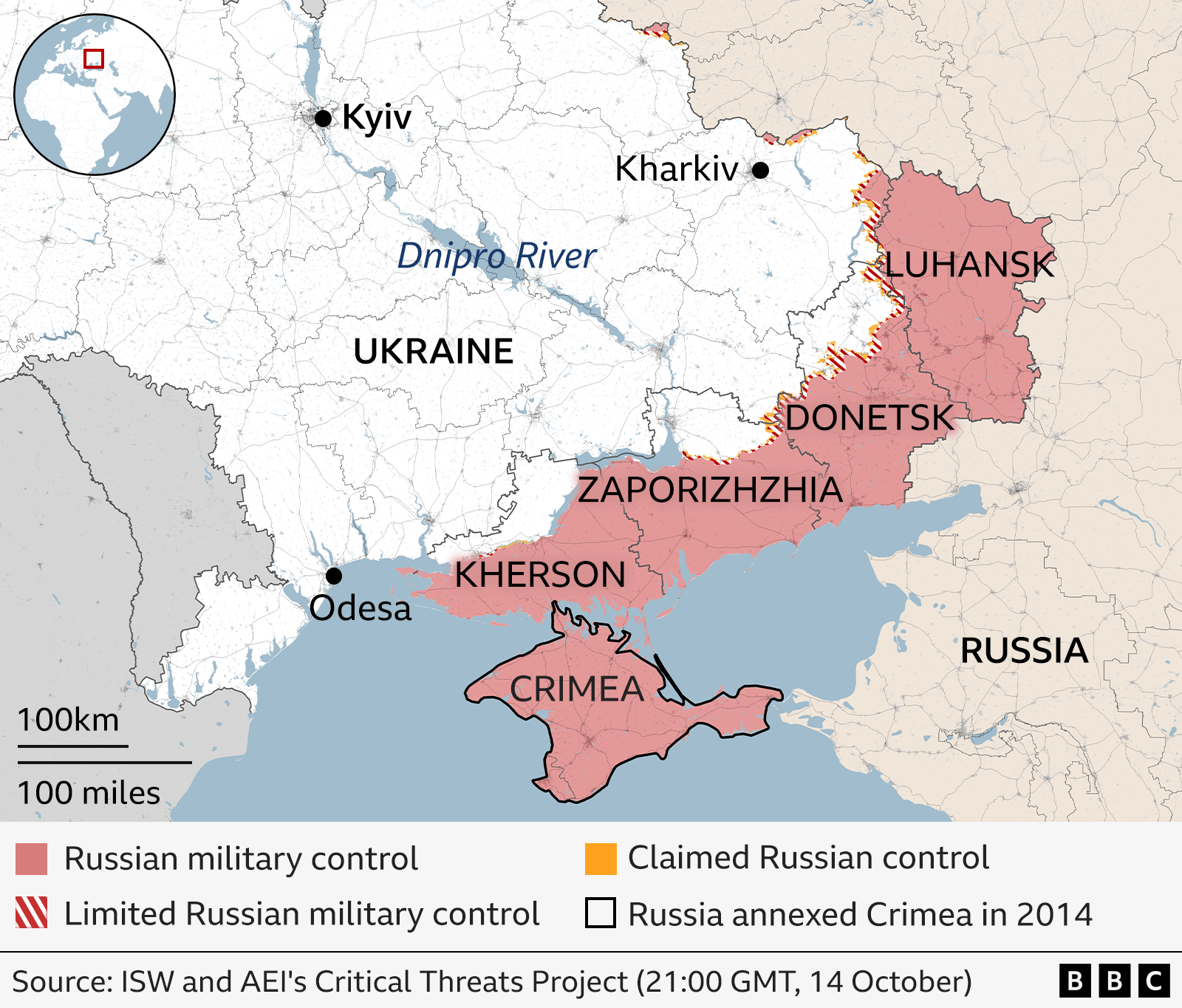 Map of Ukraine showing regions under Russian military control shaded red, limited control in red stripes, and claimed control shaded yellow as of 14 October. The regions of Luhansk, Donetsk, Zaporizhzhia, Kherson – with almost all of Luhansk shaded red and much of the other three provinces also under Russian control. Crimea which was annexed by Russia in 2014 is also are marked as under Russian control. Major cities labelled include Kyiv, Kharkiv, and Odesa. Source: ISW