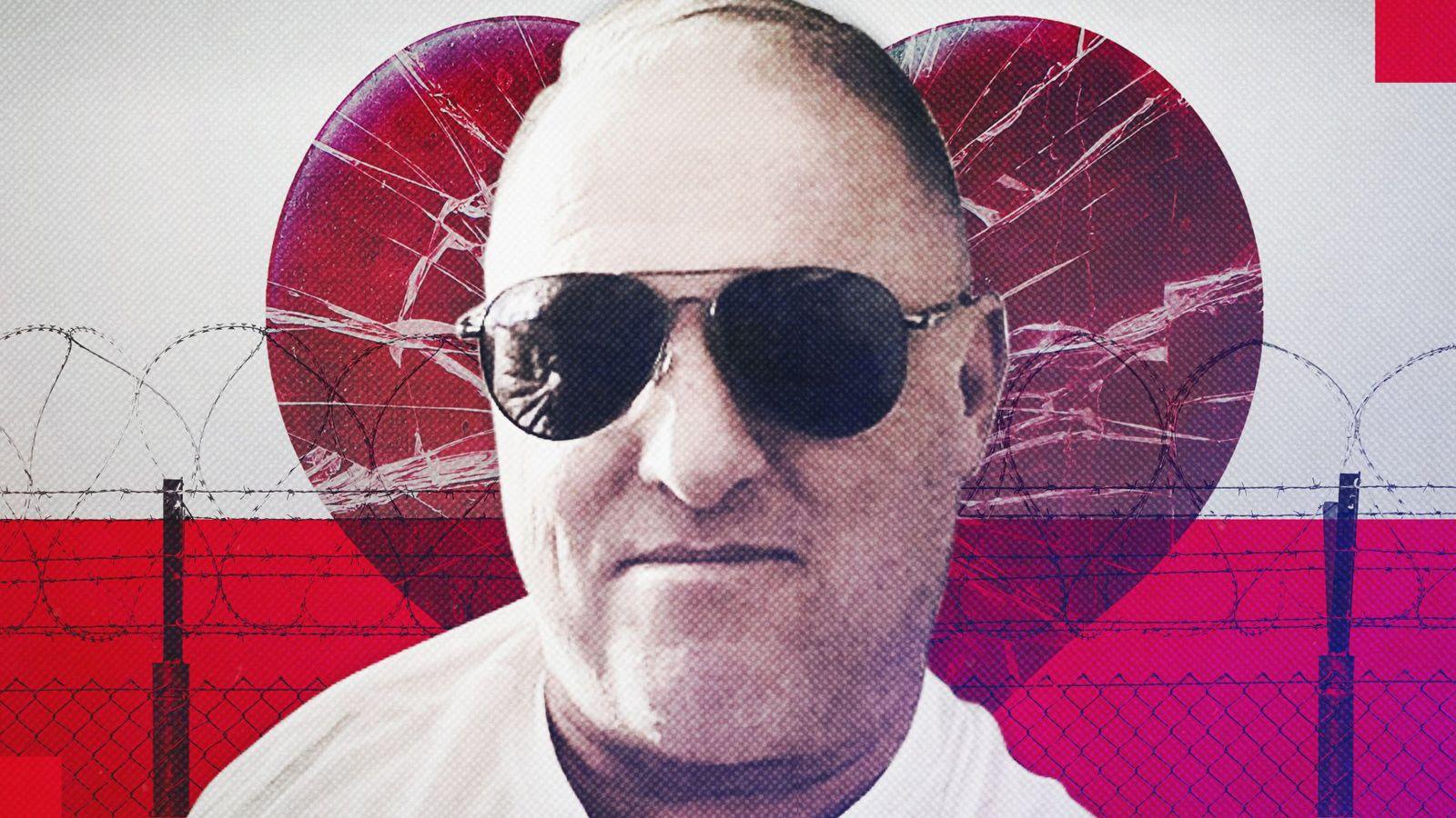 A red-coloured graphic made up of three parts. In the foreground is the head and shoulders of a man with receding hair, wearing dark sunglasses and a white t-shirt. Behind him is a red heart with cracks running across it and a silhouetted chain-linked fence topped with barbed wire.