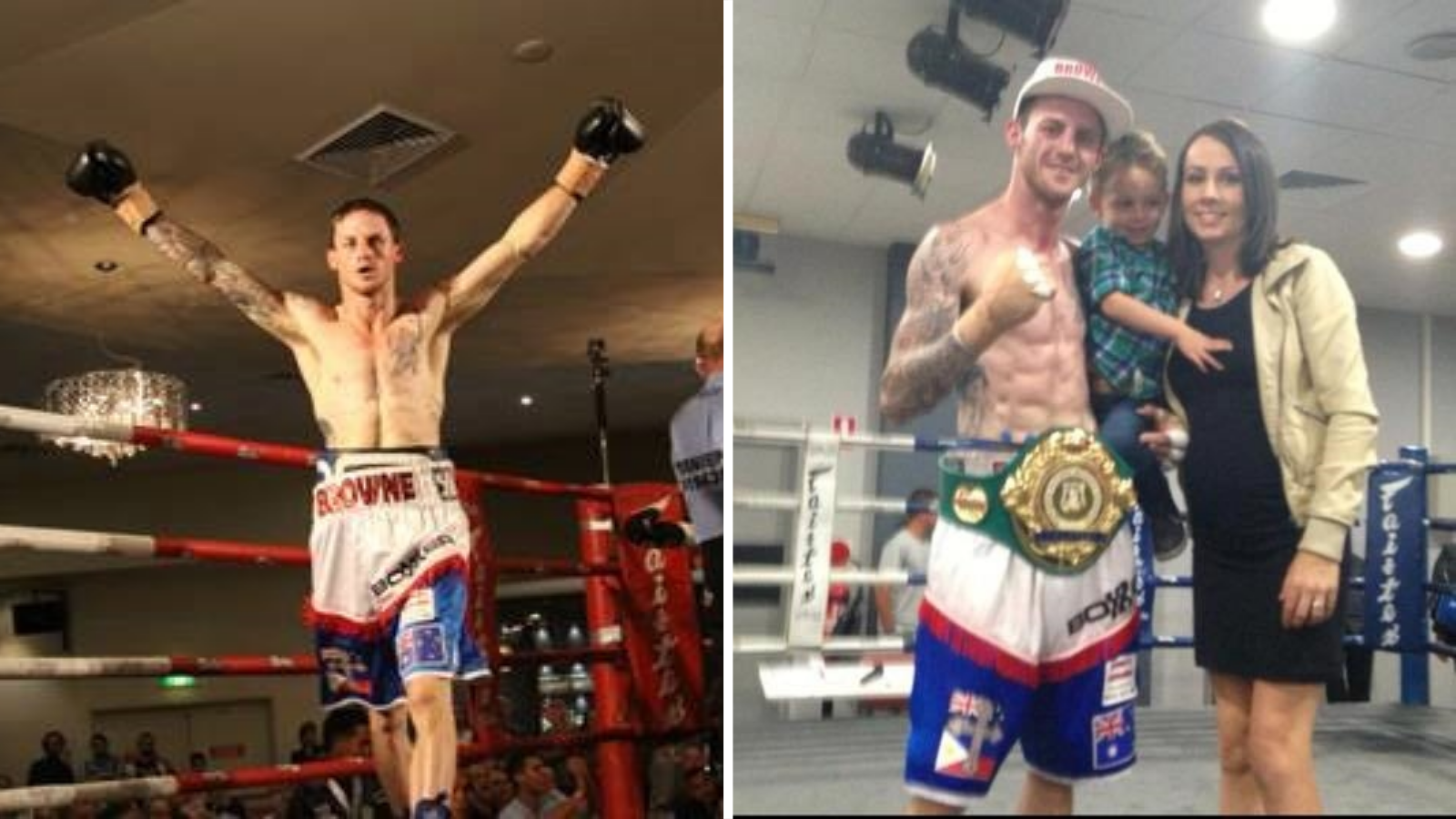 Split image of Davey Browne Jr in action during a fight and him with his partner Amy Lavelle and child