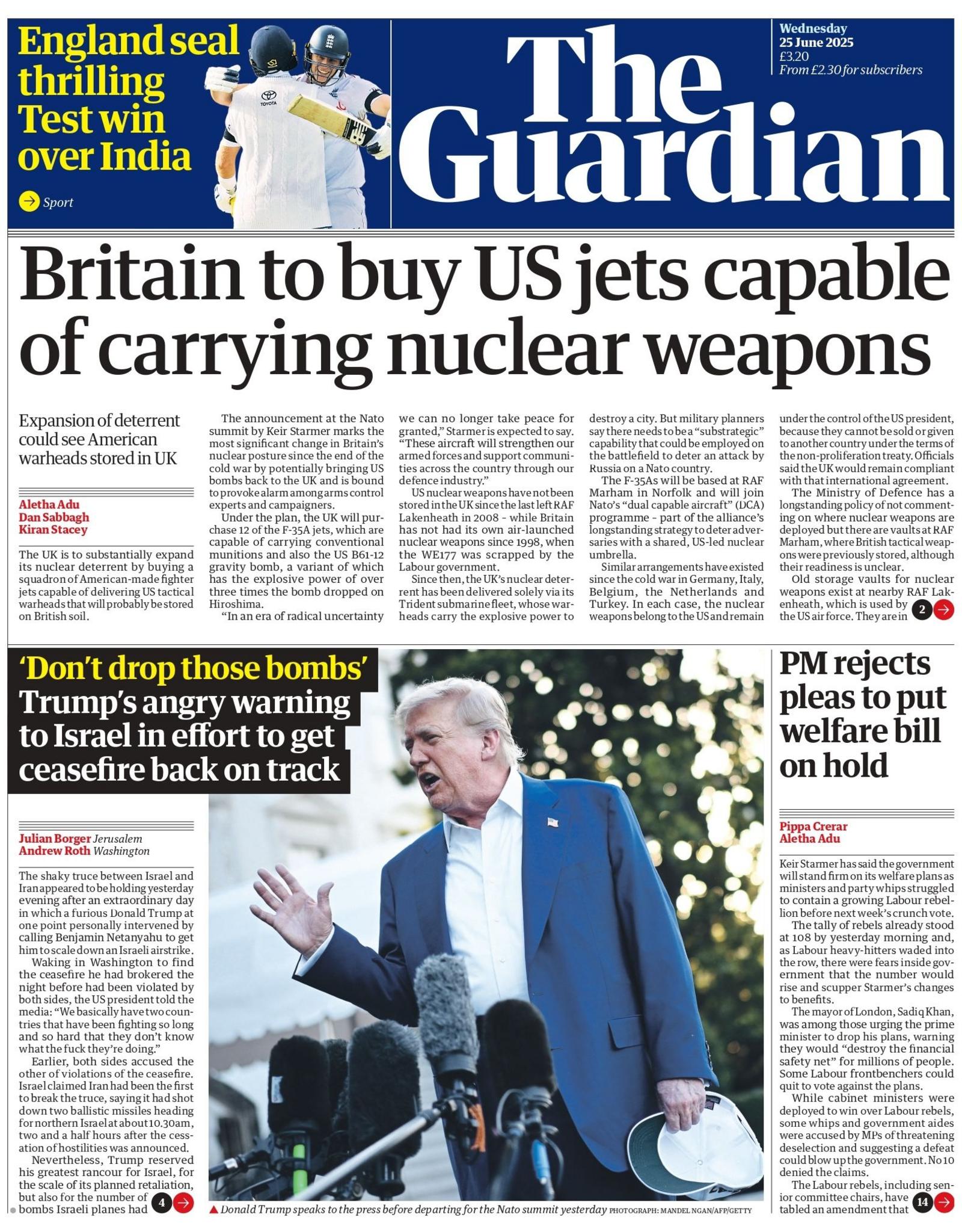 "Britain to buy US jets capable of carrying nuclear weapons" reads teh headline on the front page of The Guardian.