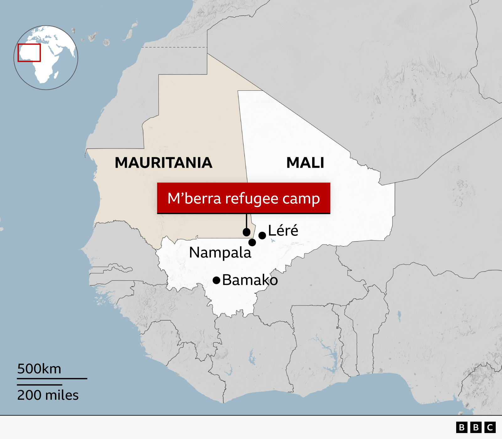A map showing Mali and Mauritania and the locations of Lere, Bamako, Nampala and the M'berra refugee camp.