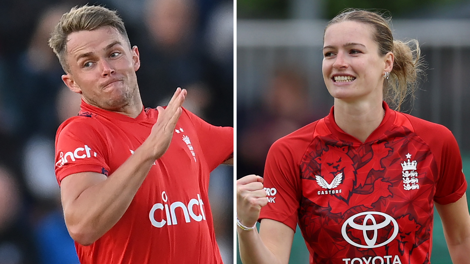A split graphic of Sam Curran and Lauren Bell