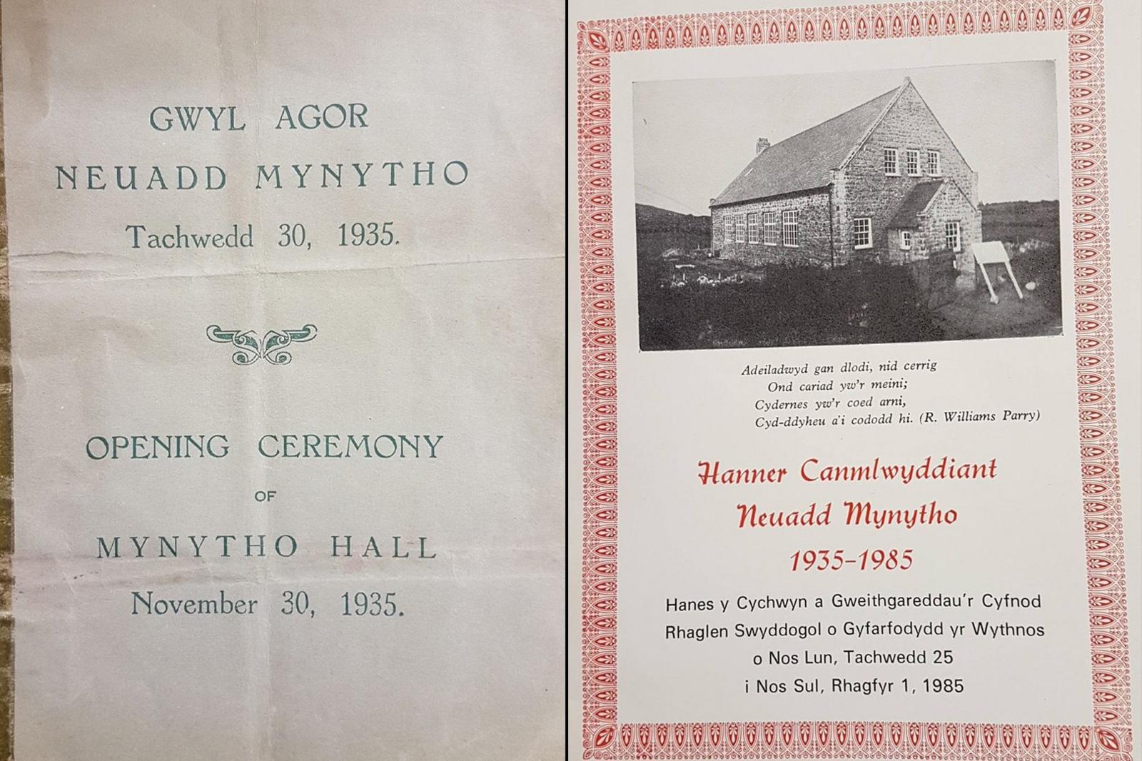 Rhaglenni wedi eu hargraffu ar gyfer agoriad swyddogol y neuadd yn 1935 ac yna'r dathliad hanner canmlwyddiant ym 1985