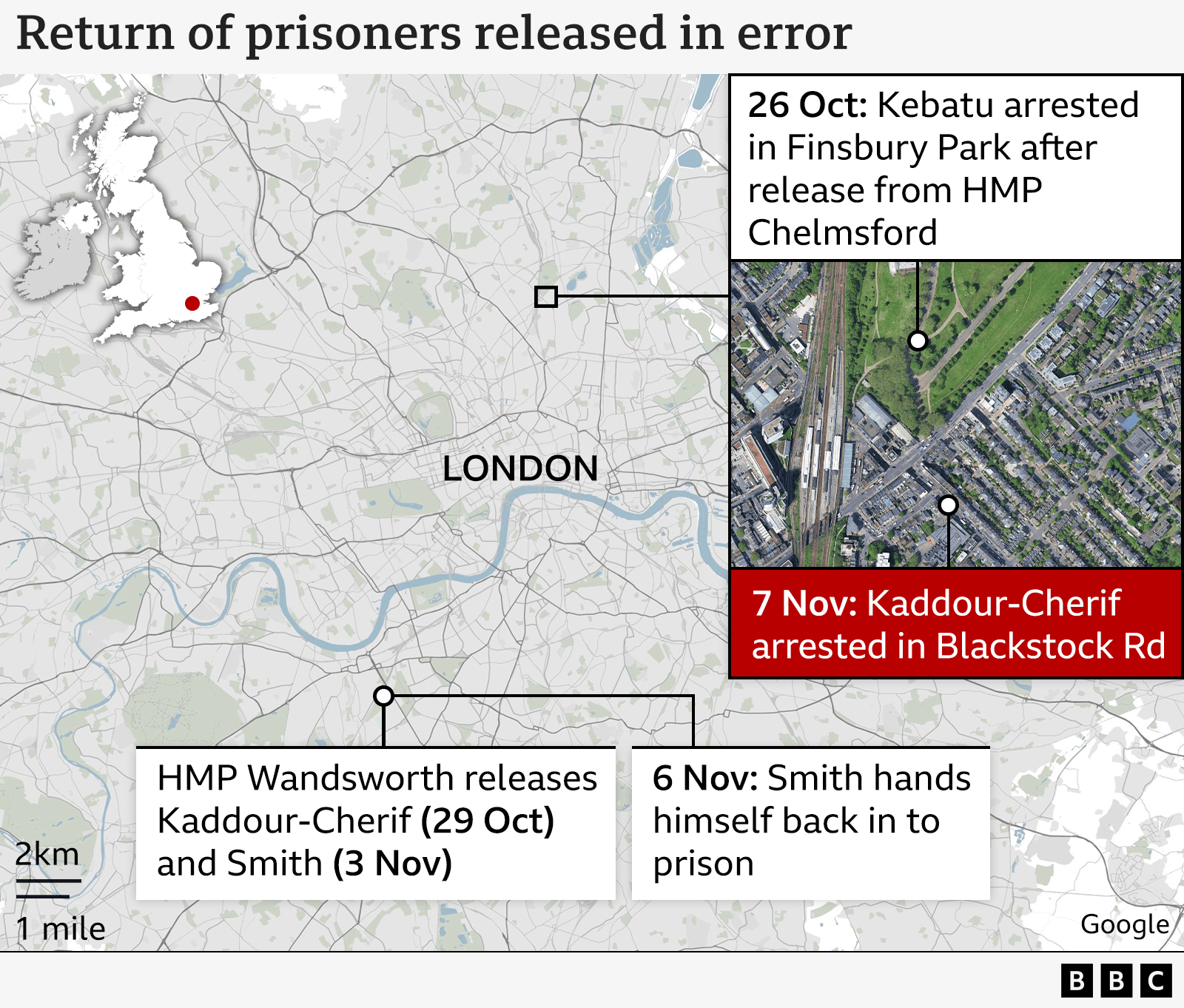 Map showing return of prisoners released in error.