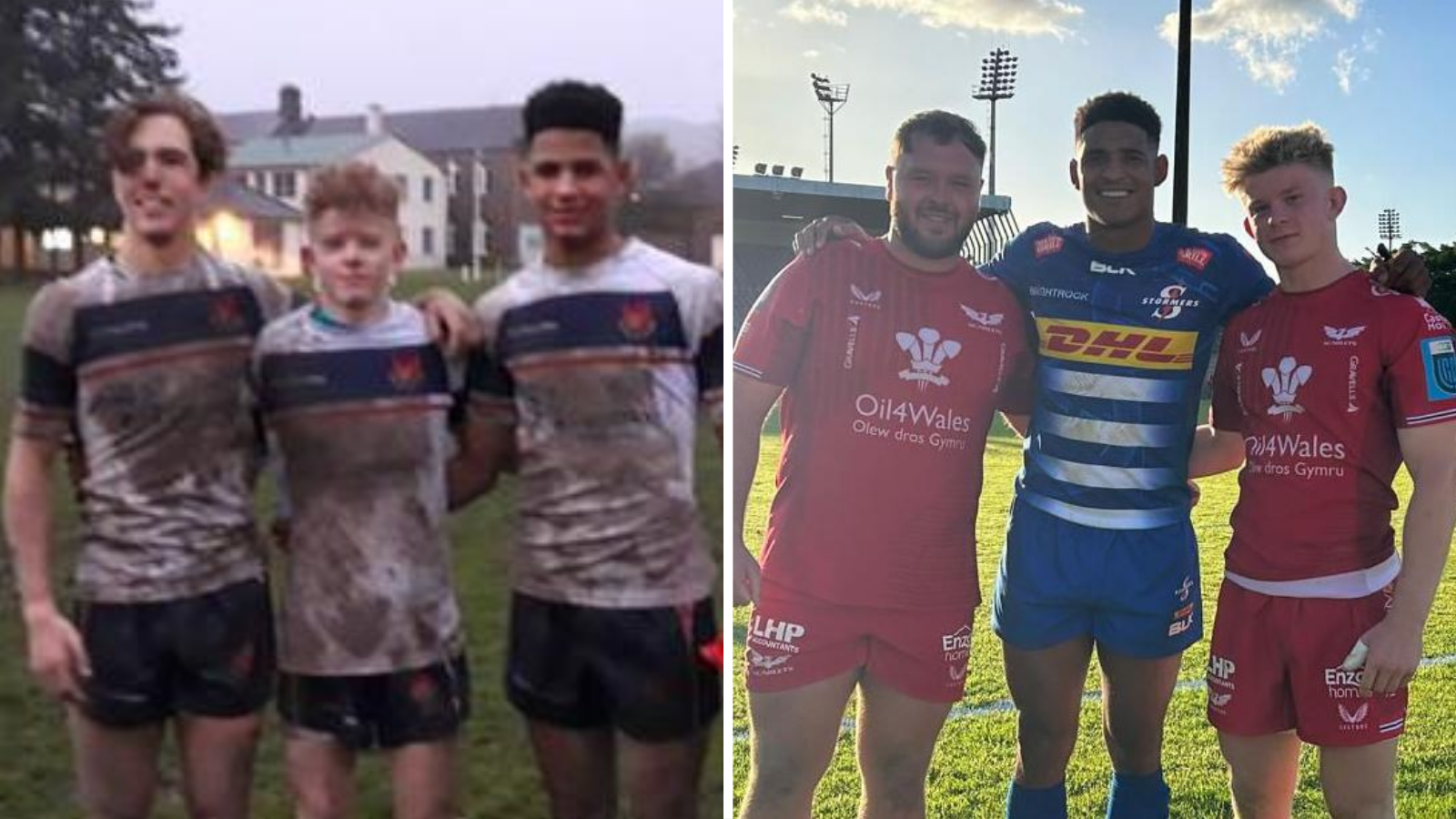 On the left are three boys in white rugby jerseys and dark shorts. On the right two of the same boys are pictured older in a blue jersey and red jersey.