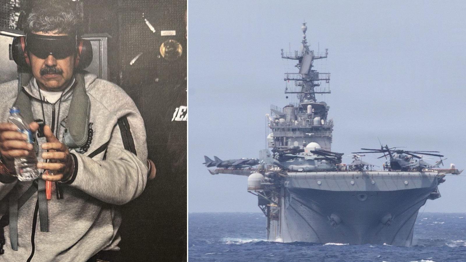 Maduro, wearing a grey track suit, has ear protectors and dark sunglasses - which are likely a type of blindfold - on, and is holding a bottle of water. On the right is a view of USS Iwo Jima in the middle of the ocean