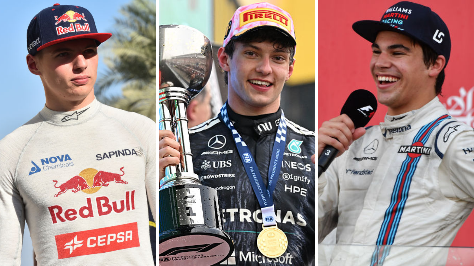 A split image of Max Verstappen, Kimi Antonelli and Lance Stroll, all as teenagers