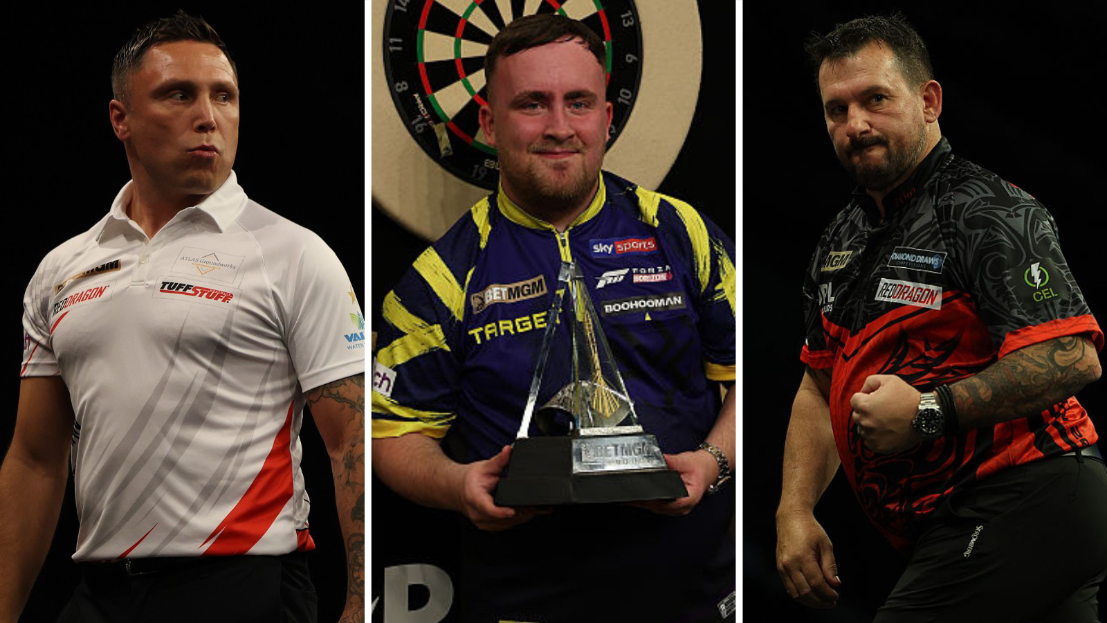 Gerwyn Price (left), Luke Littler (centre) and Jonny Clayton (right)