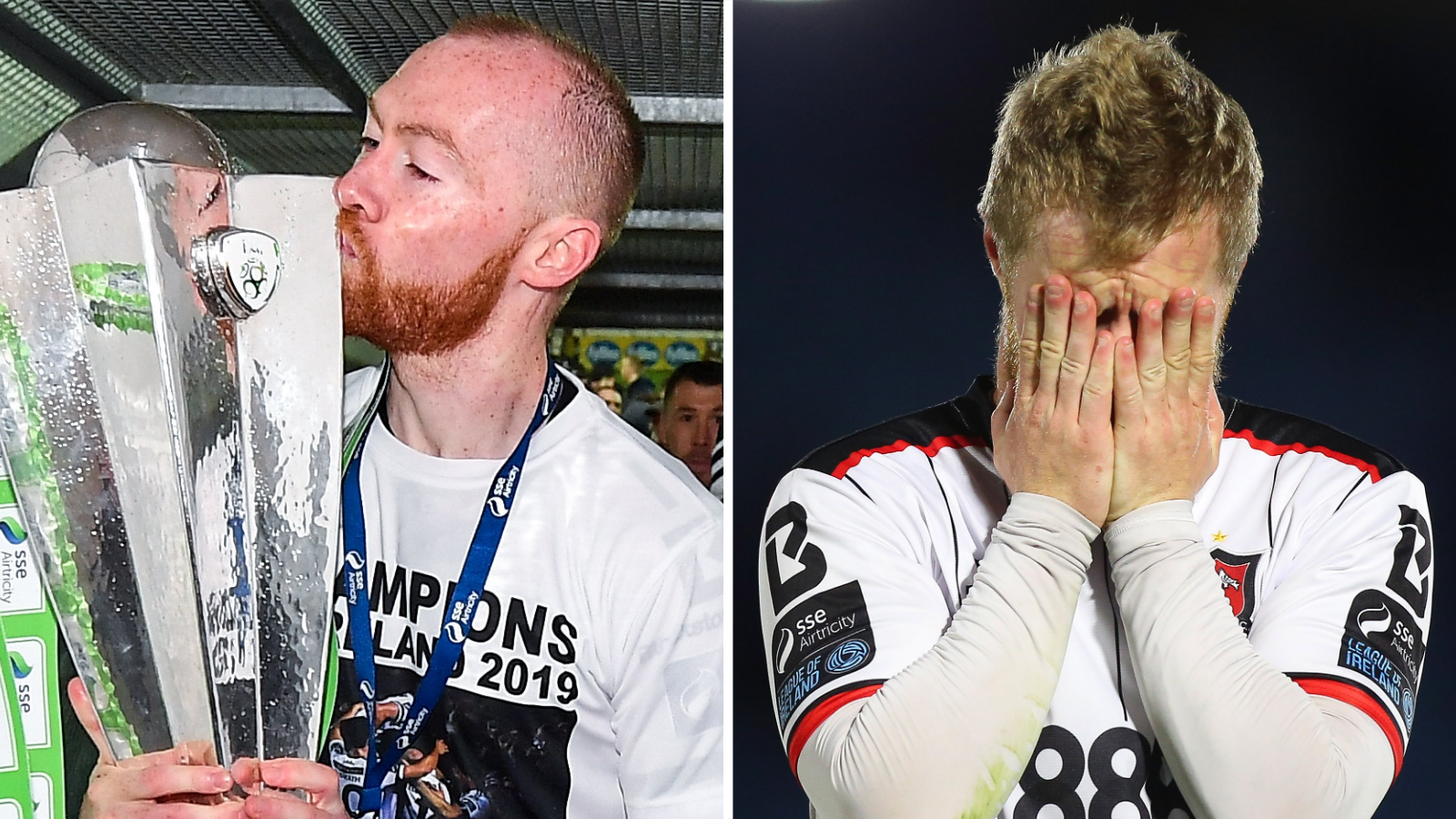 Chris Shields celebrates winning nan Premier Division while Daryl Horgan is dejected aft a defeat