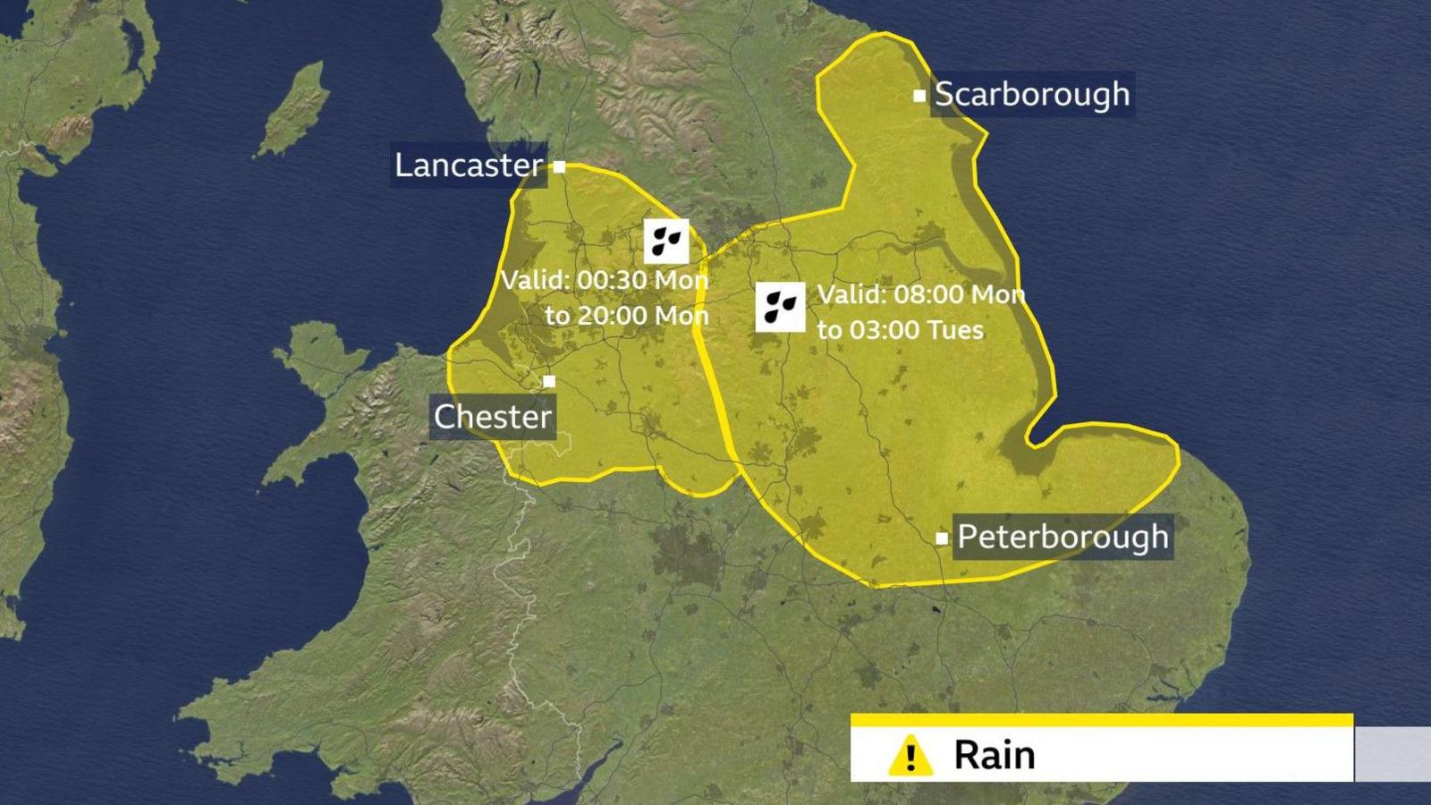 Map of central UK, showing yellow zones where rain warnings are in force.