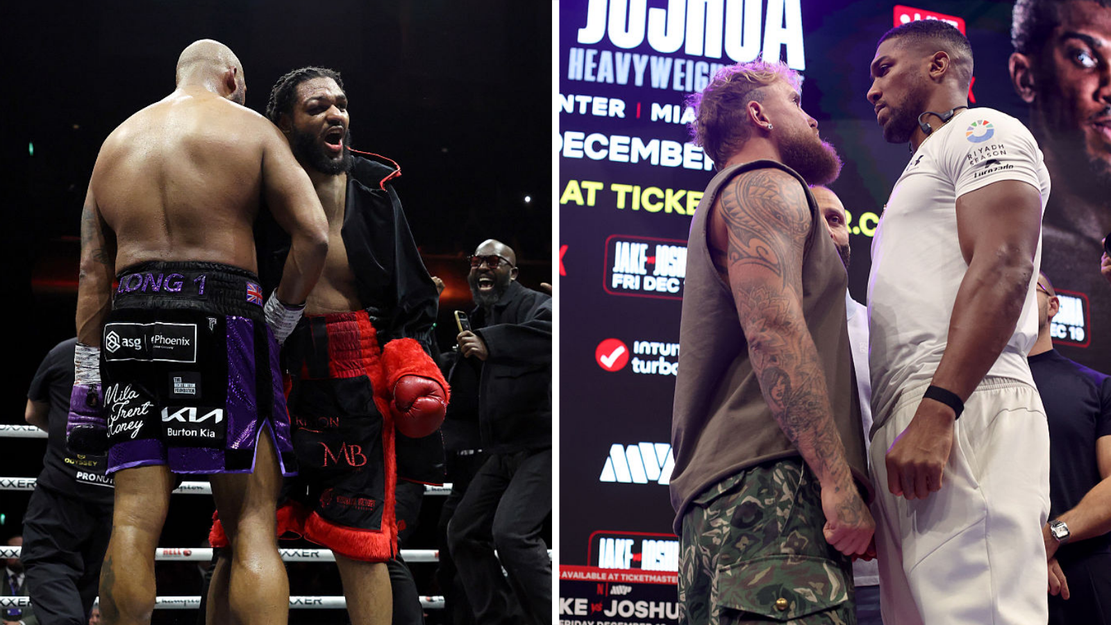 Split image of Jeamie 'TKV' Tshikeva hugging Frazer Clarke and Jake Paul facing off with Anthony Joshua