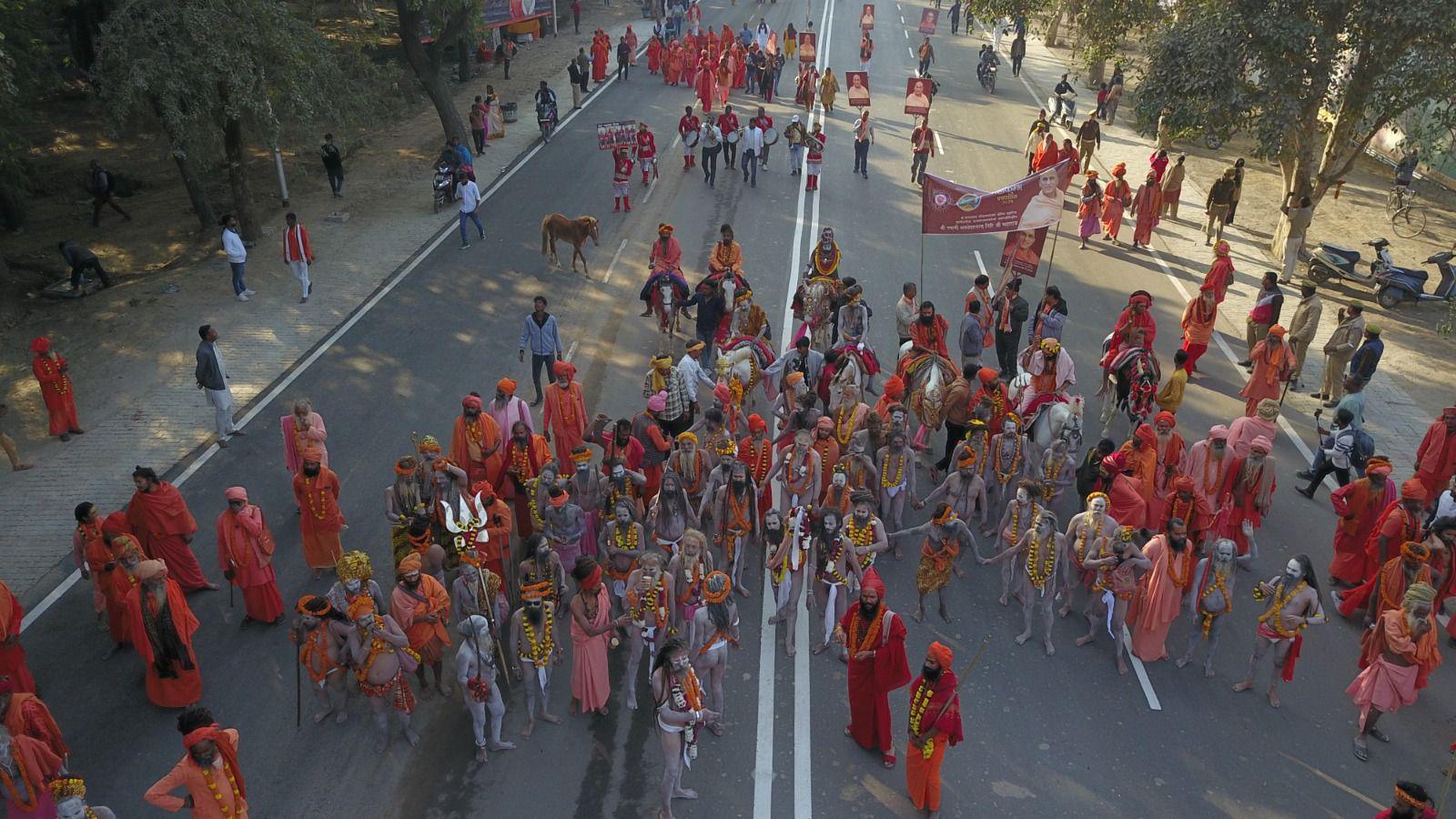 Drone footage shows a group of Naga sadhus arriving at the Mela grounds in Prayagraj on Saturday 11th January