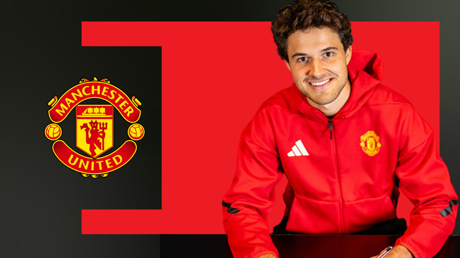 An image of goalkeeper Senne Lammens signing a contract as he is announced as a Manchester United player