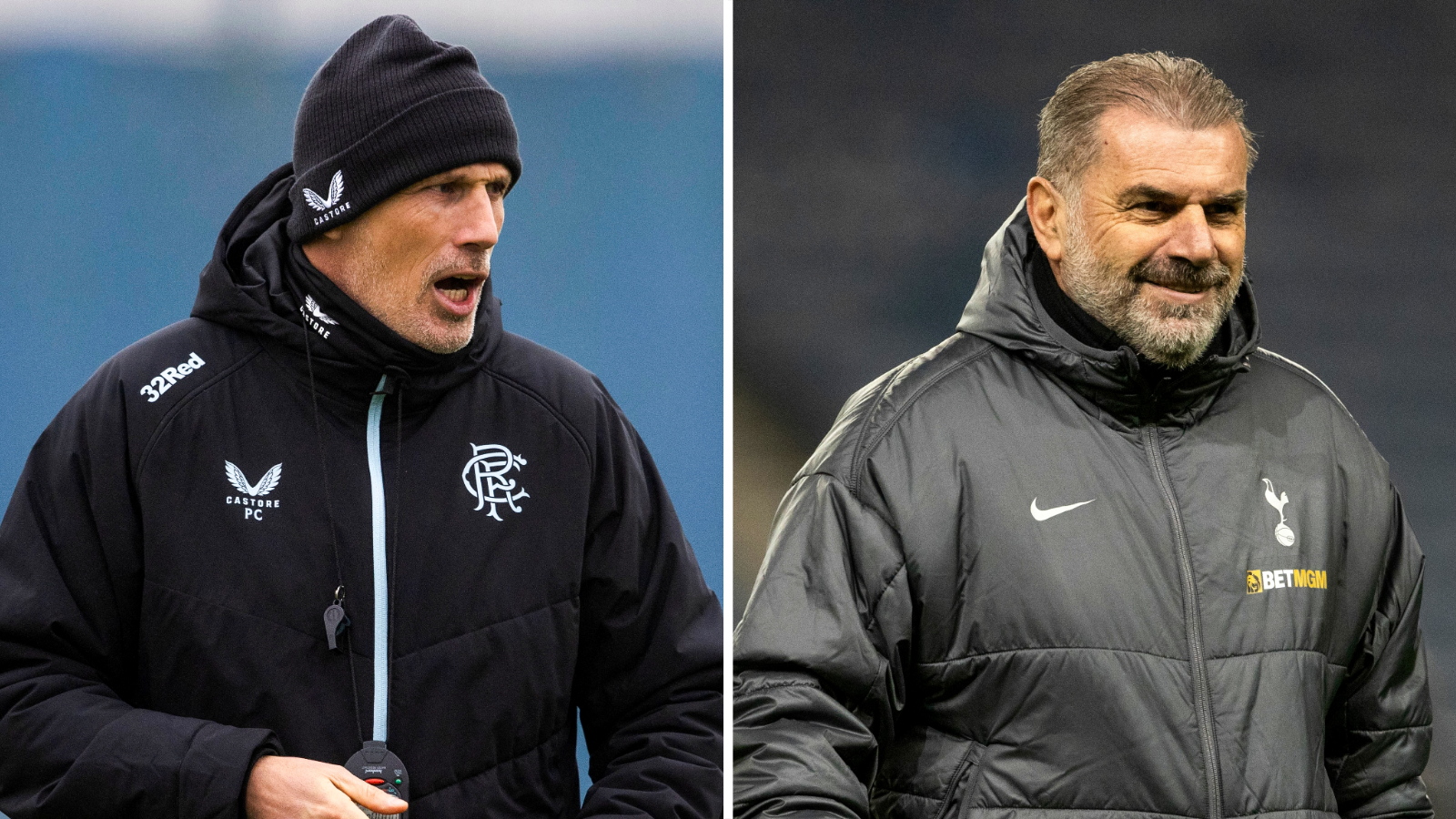 Rangers manager Philippe Clement and Tottenham boss Ange Postecoglou in their teams' respective training sessions