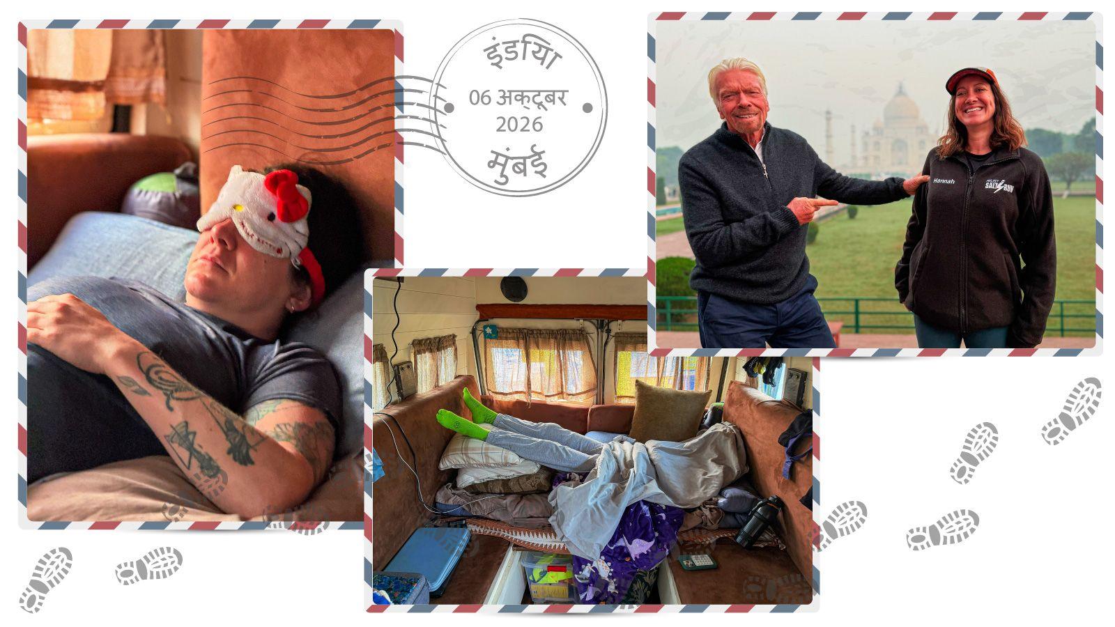 Hannah Cox asleep in the van, and Hannah standing next to Richard Branson 