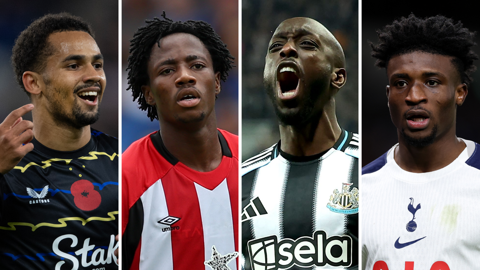 A composite image split into four even vertical columns shows, from left to right, Iliman Ndiaye playing for Everton, Benjamin Fredrick in action at Brentford, Yoane Wissa with Newcastle and Mohammed Kudus on the pitch for Tottenham. All four players are visible from stomach up. Ndiaye wears a black Everton away kit with yellow and blue wavy horizontal lines running across it and with a red Remembrance Day poppy on the chest. He is smiling and holding up his right hand with index finger extended to spin in a circle in celebration. Fredrick wears a home Brentford kit featuring wide red and white vertical stripes. Wissa, wearing a home Newcastle shirt with wide black and white vertical stripes has his eyes closed as he stretches his neck and head upwards to scream in celebration. Kudus is in a white Spurs home shirt with blue trim and club crest in the centre of the chest