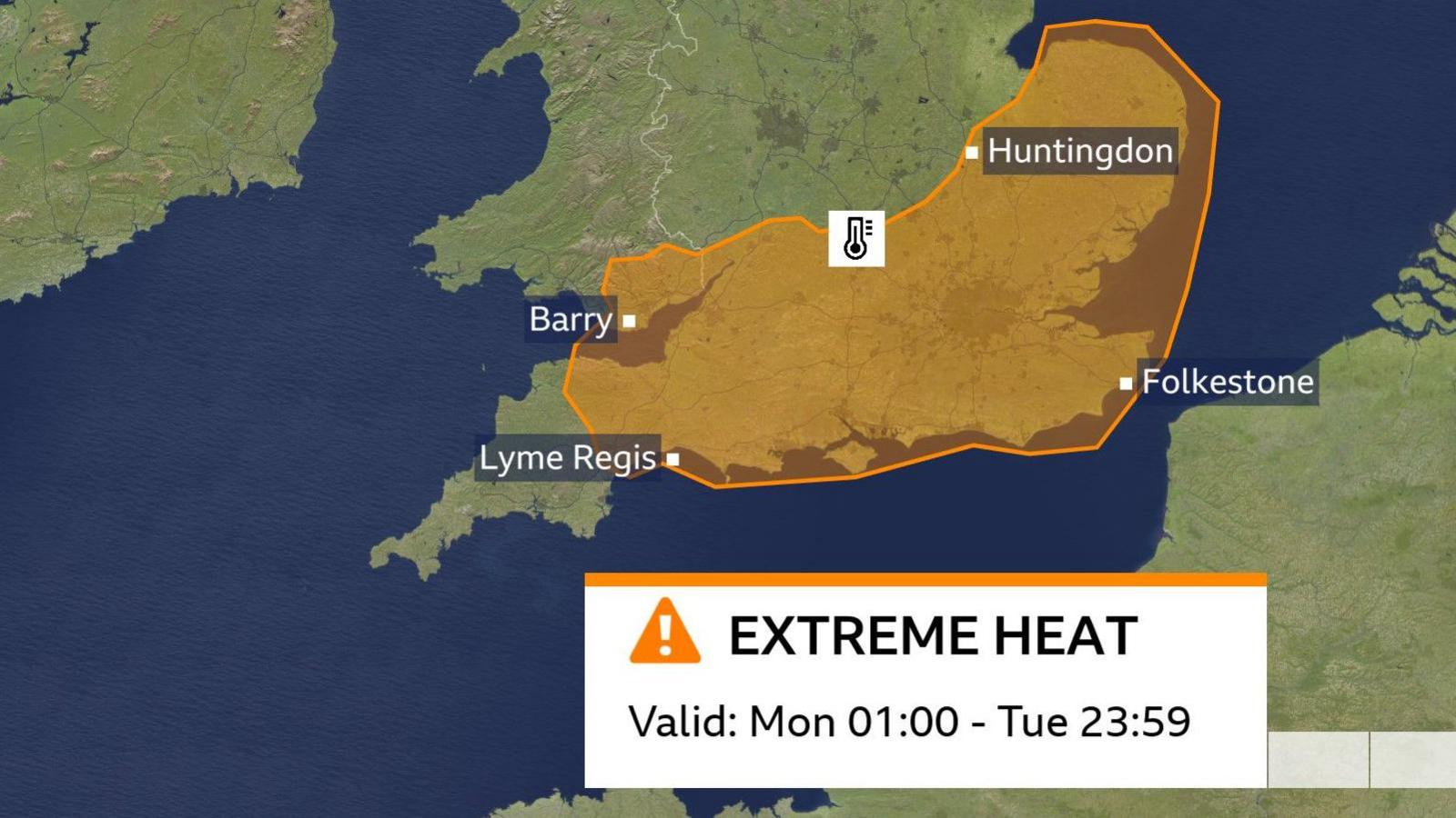 A weather map showing the area covered by an amber warning for extreme heat, stretching from East Anglia and southern England into the south Midlands and south Wales