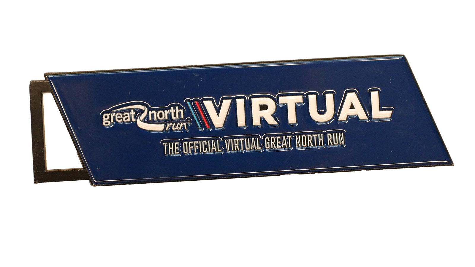 A long rectangular navy medal that reads 'great north run virtual, the official virtual great north run'. 
