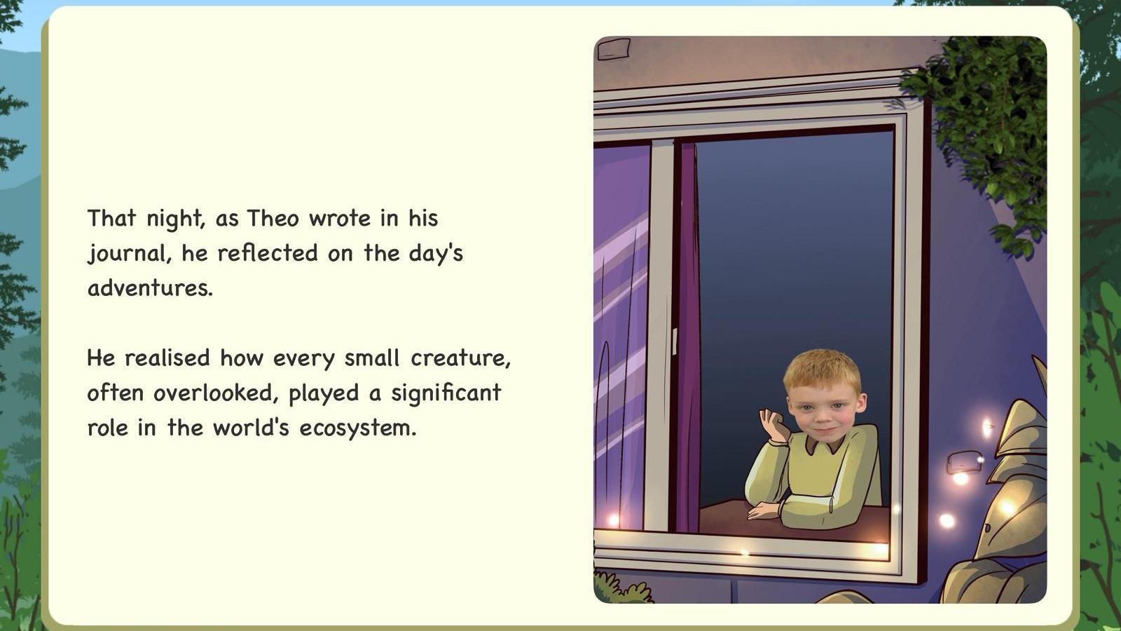 A screenshot of the app and Theo is looking out of a cartoon window, wearing a shirt and jumper.