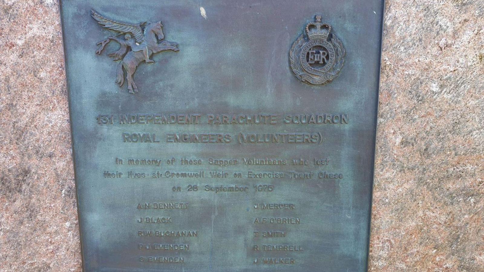 A granite memorial with the names of all 10 soldiers who died in the Cromwell Weir tragedy.