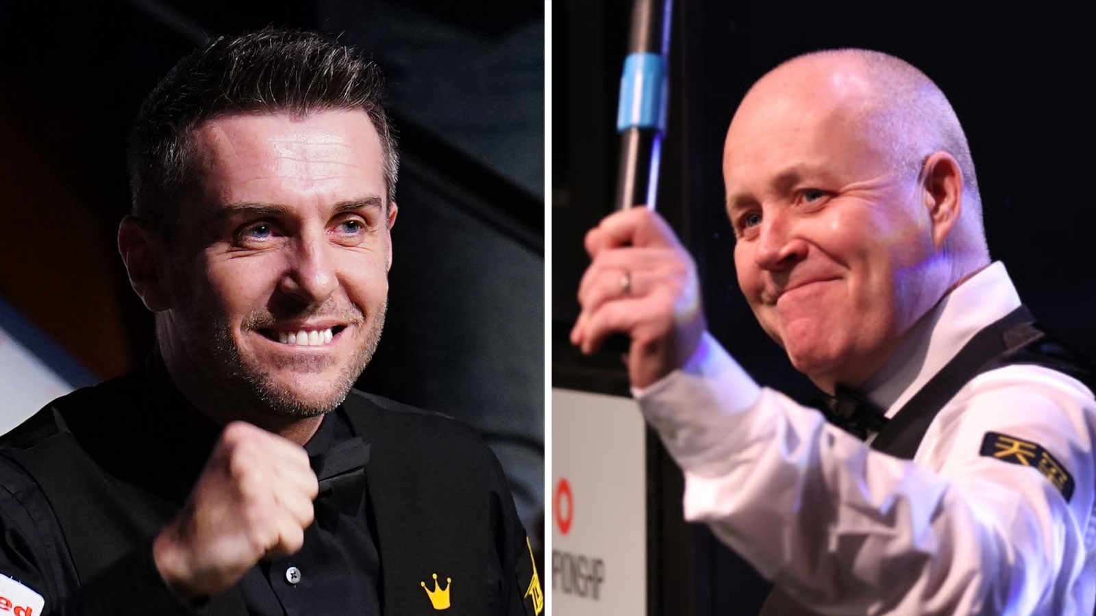 Mark Selby and John Higgins smiling as they salute the crowd