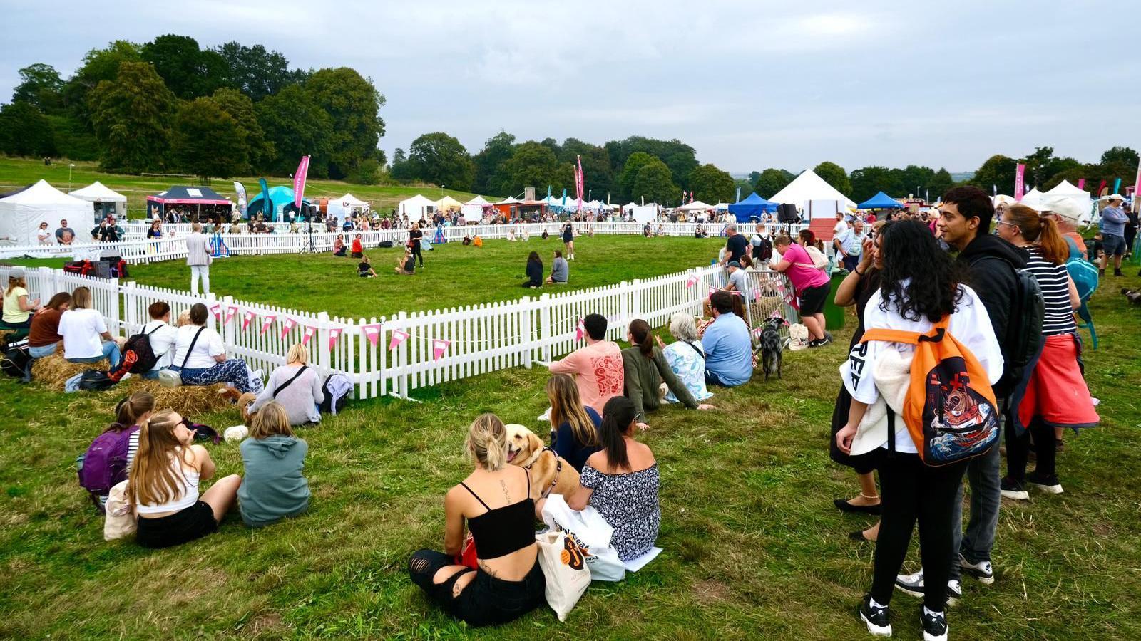 Dozens of people sit around a performance area bordered by a white picket-style fence at Dogfest in Bristol